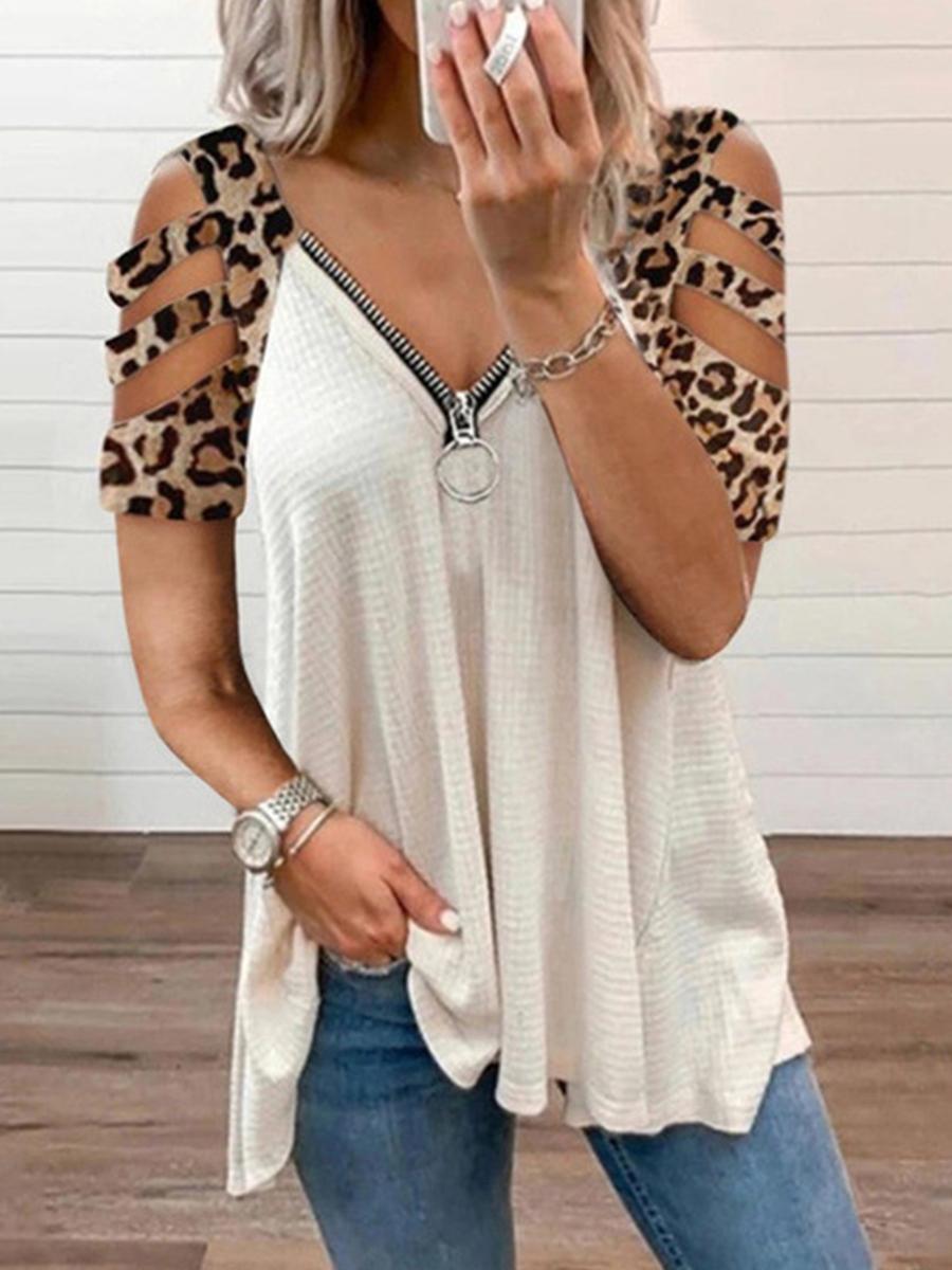 Leopard Print Off Shoulder Zips Short Sleeve T-shirt