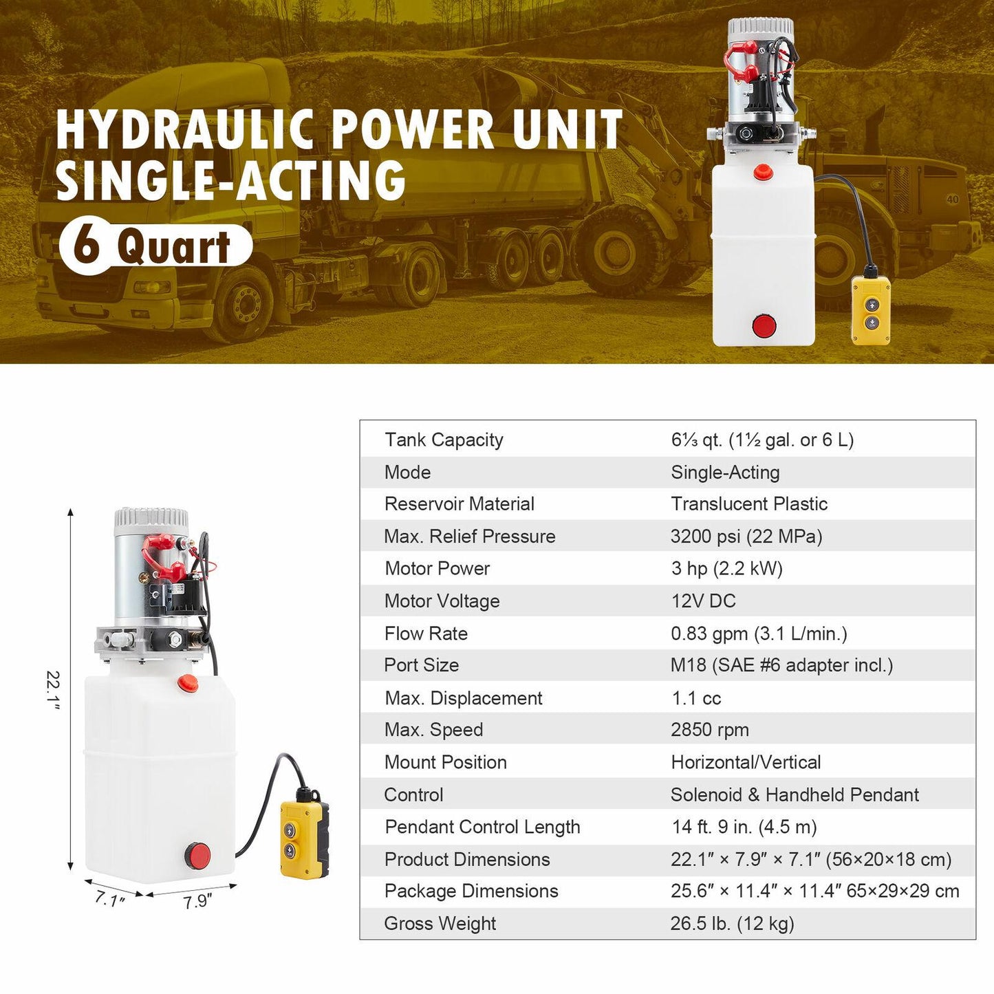 Single Acting 6 Quart 12V Hydraulic Pump for Truck Winches RVs Tow Booms & More