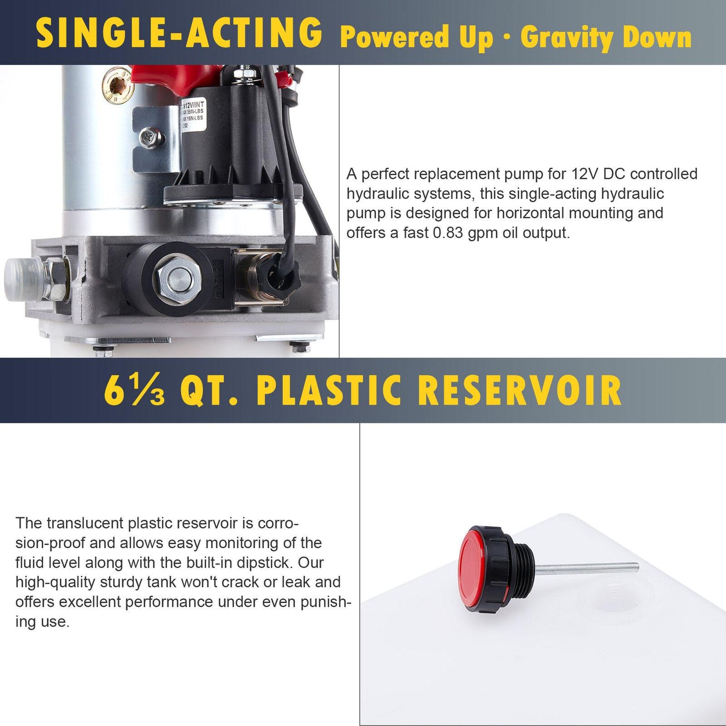 Single Acting 6 Quart 12V Hydraulic Pump for Truck Winches RVs Tow Booms & More
