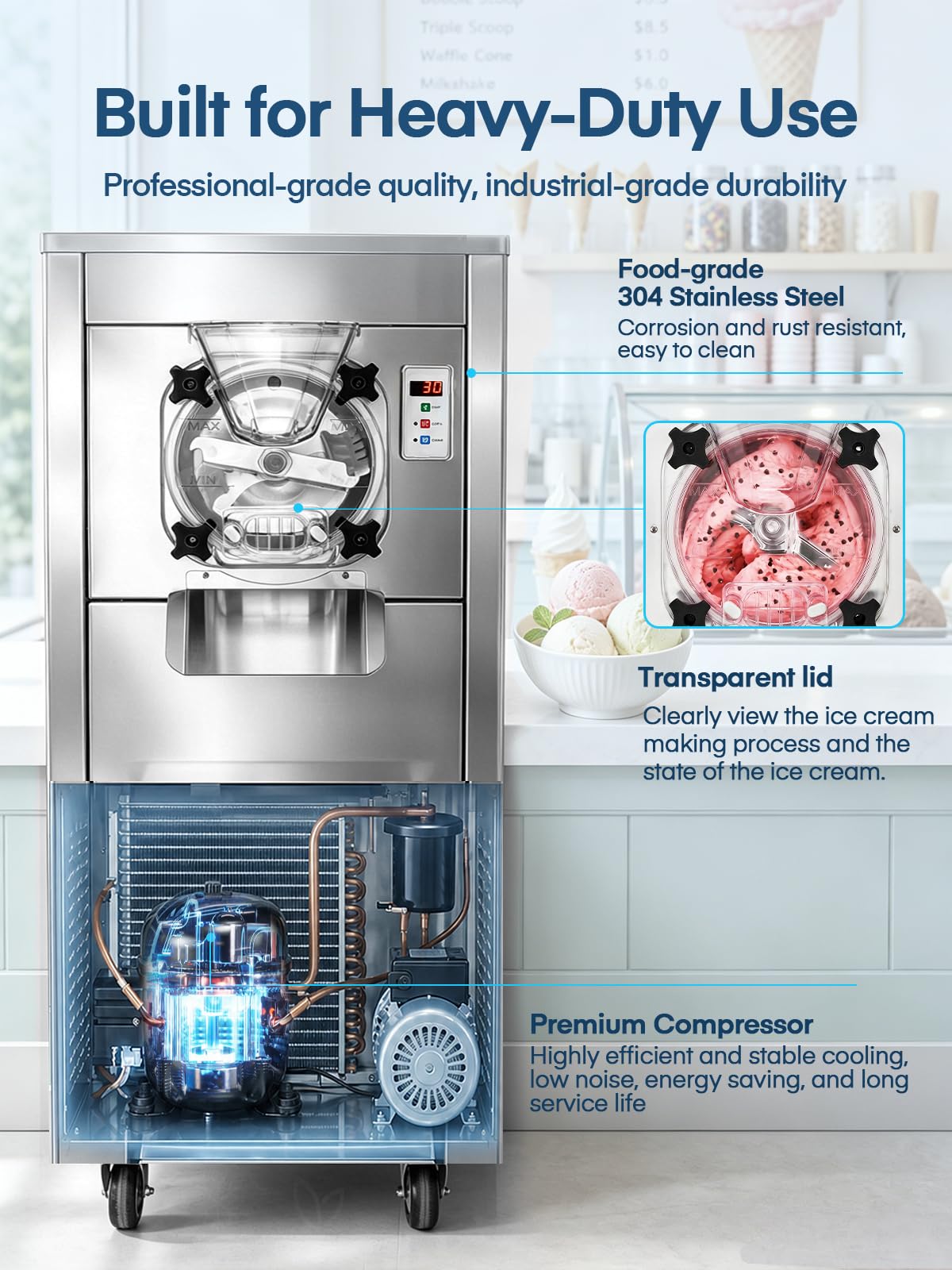 Commercial Ice Cream Machine 2000W, 20-28 L/H Yield Gelato Hard Serve Ice Cream Maker with 7L  Steel Cylinder,LED Panel, Timer, Auto Clean for Restaurants Snack cafes