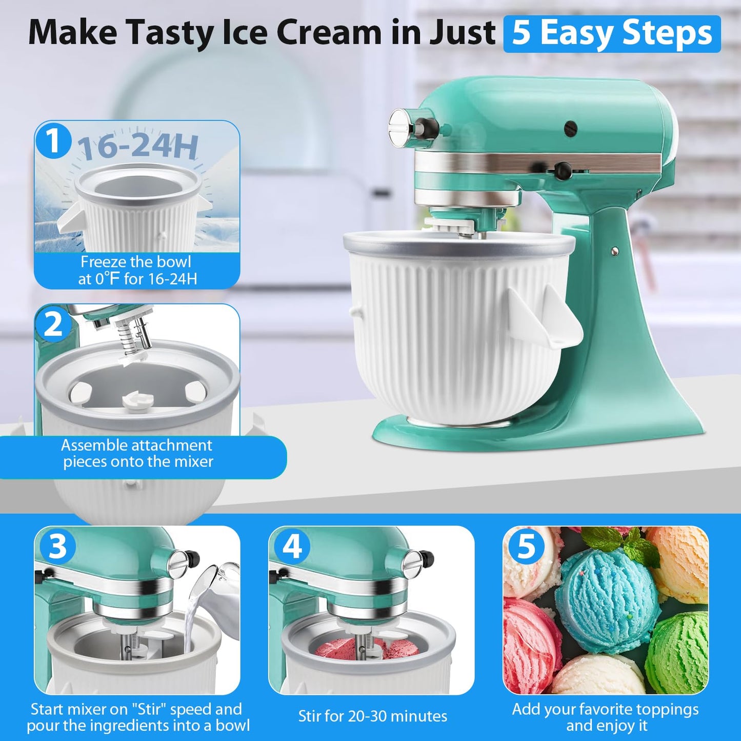 Ice Cream Maker Attachment: For  Stand Mixer, Fits 4.5/5QT/6QT/7QT Models. 2 Quart Capacity, Makes Frozen Yogurt & Gelato