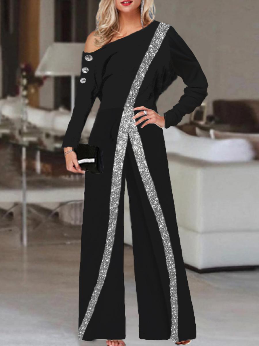 Fashion Sequin Print Off-shoulder Long Sleeve Jumpsuit Women
