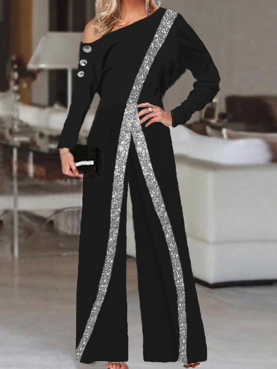 Fashion Sequin Print Off-shoulder Long Sleeve Jumpsuit Women