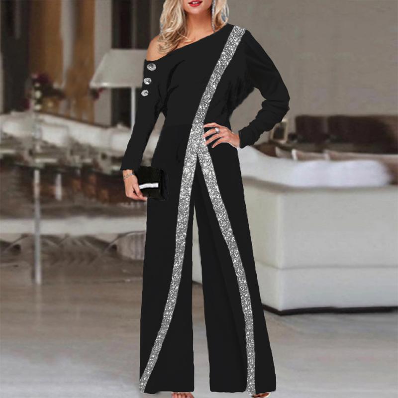 Fashion Sequin Print Off-shoulder Long Sleeve Jumpsuit Women
