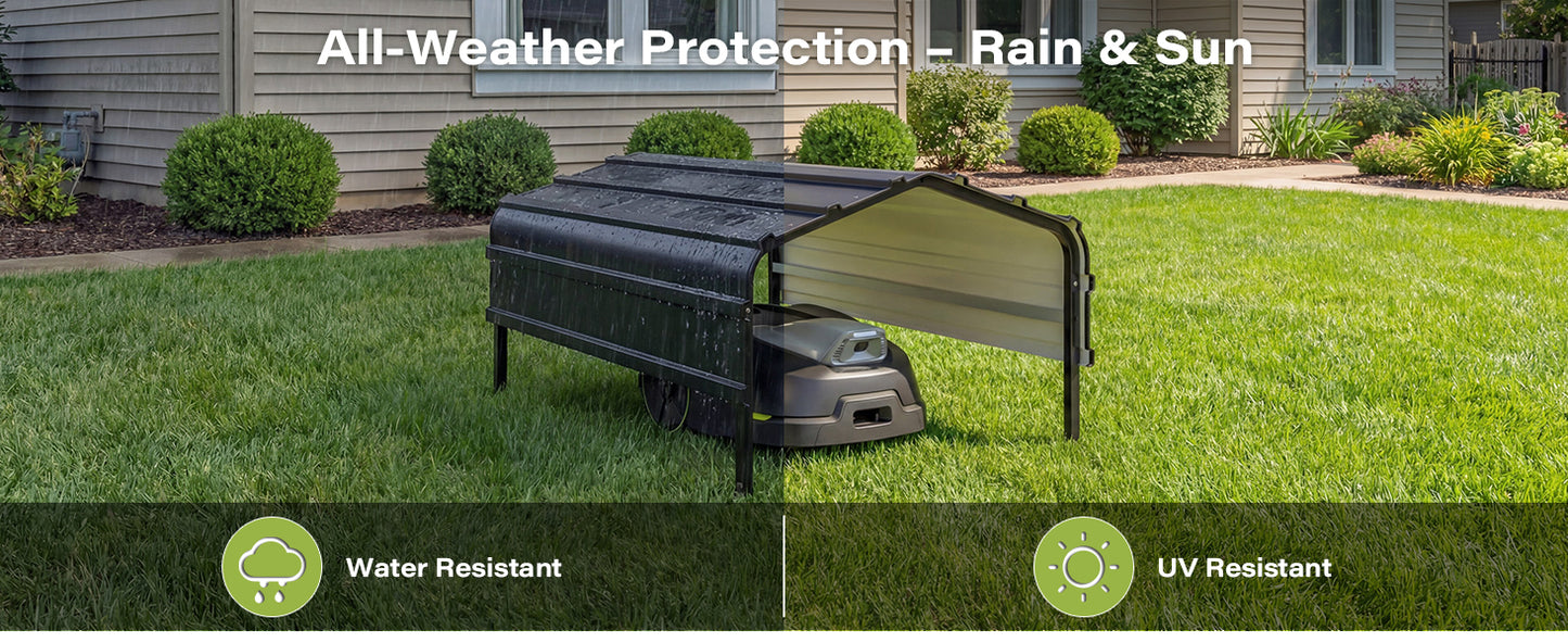 Robot Mower Garage, Outdoor StoraShed with Rust-Resistant Metal Roof, All-Weather Protection for Lawn Mowers, Garden Tool Fits Most Standard Lawn Mowers