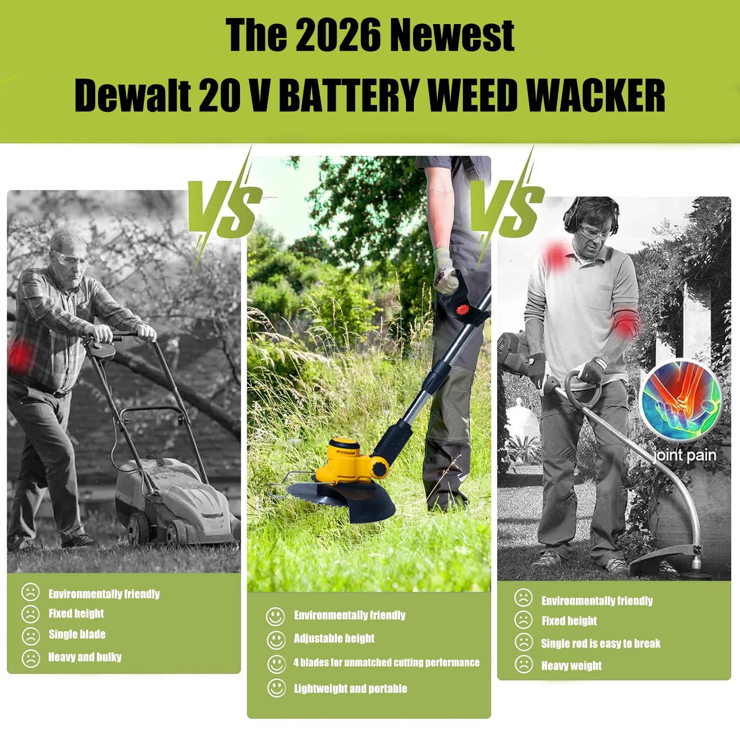 Electric Weed Wacker Cordless for Dewalt 20V Battery, 4-in-1 Battery-Powered Mower, Lightweight Cordless Weeder for Lawn, Yard and Brush Mowing (Battery Free, Yellow)