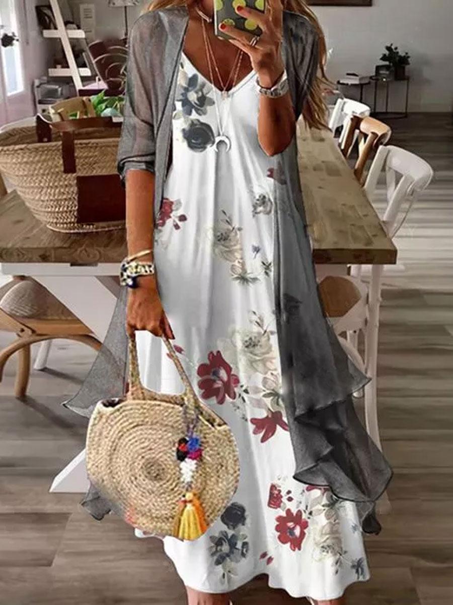 V-neck Floral Print Loose Casual Long-sleeved Maxi Dress
