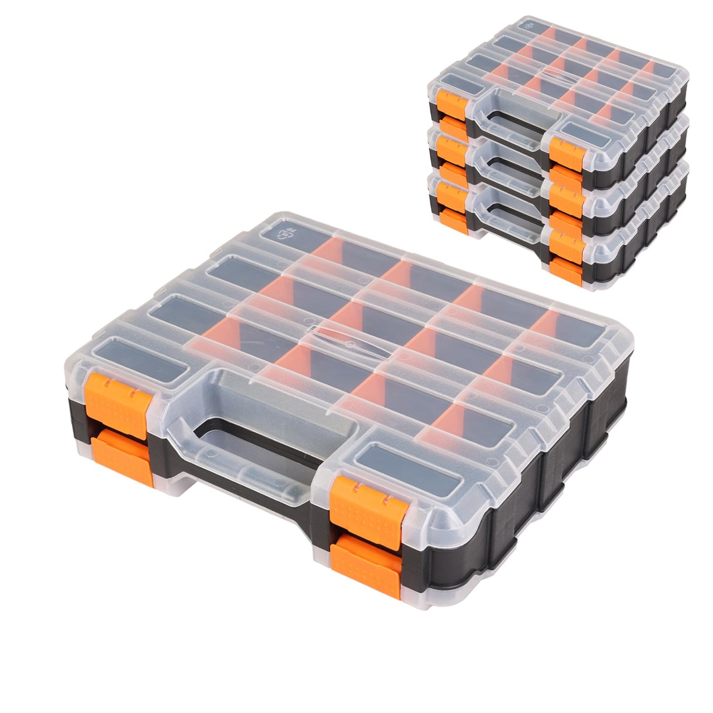 Tool Box with Transparent Lid, Double Side 34-Compartments Organizer Box with Removable Dividers for Hardware, Screws, Bolts, Nails, Beads, Jewelry and Fishing Accessories, Orange, 4 Pack