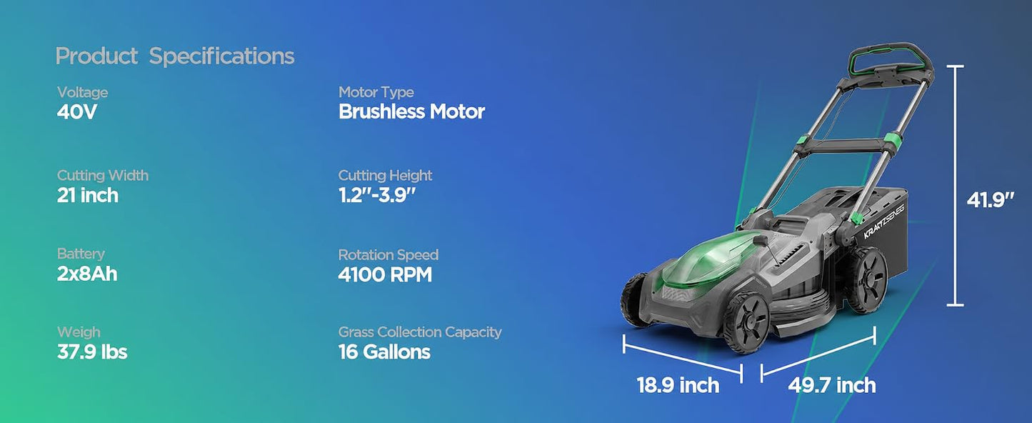 21" Cordless Lawn Mower, 40V Electric Mower with 2×8.0Ah Batteries &amp; Charger, 8-Position Height Adjustment, 60L Grass Bag, 3-in-1 Mulching, Bagging &amp; Rear Discharfor Medium, LarYards