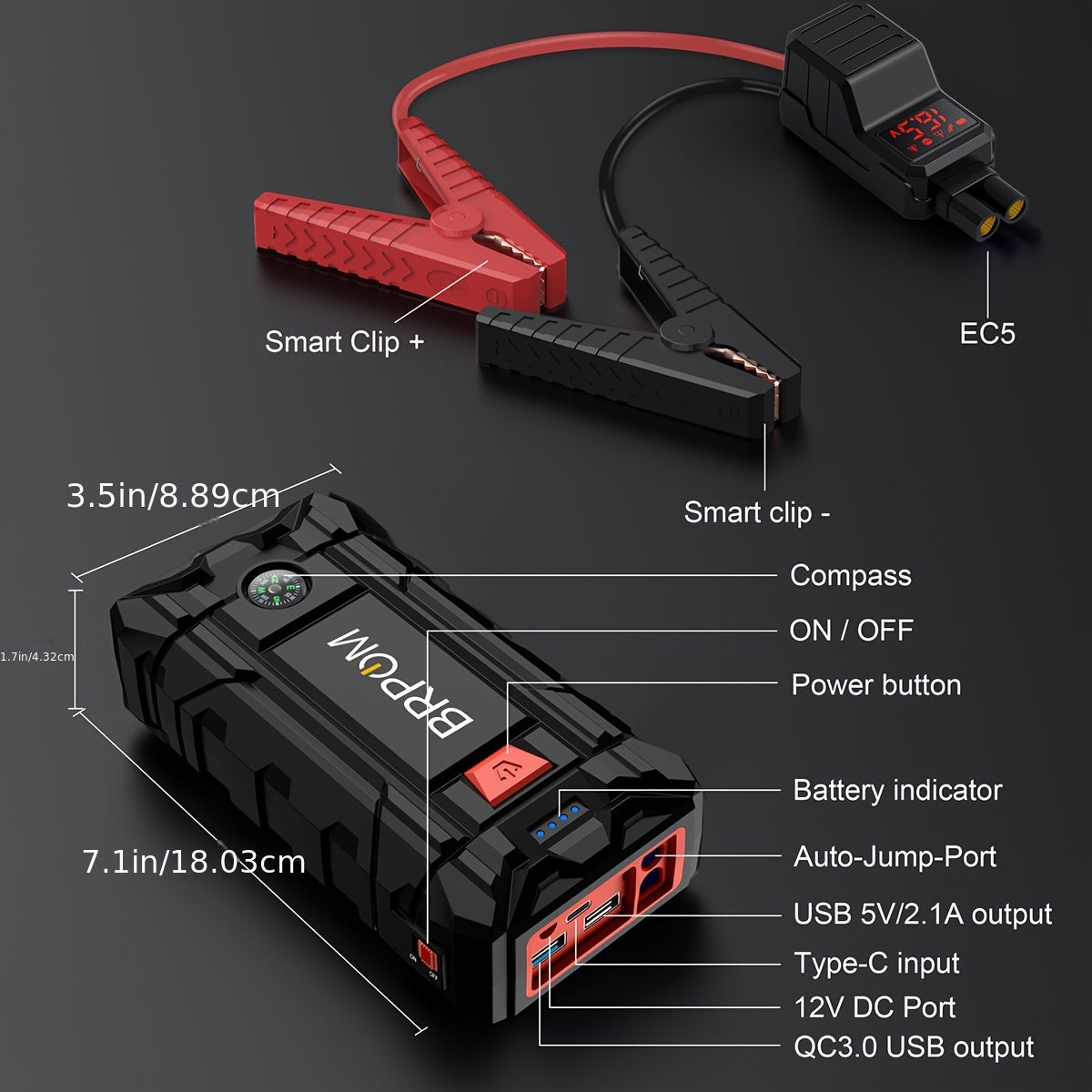 Car Jump Starter, 3000A Peak  (Up To 2.64gal Gas Or 2.11gal Diesel Engine, 50 Times) 12V Auto Booster Battery With  Charger Smart Jump Cables