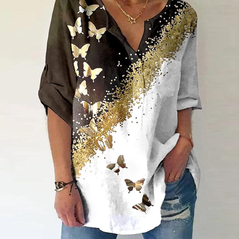 Fashion V-neck butterfly print shirt
