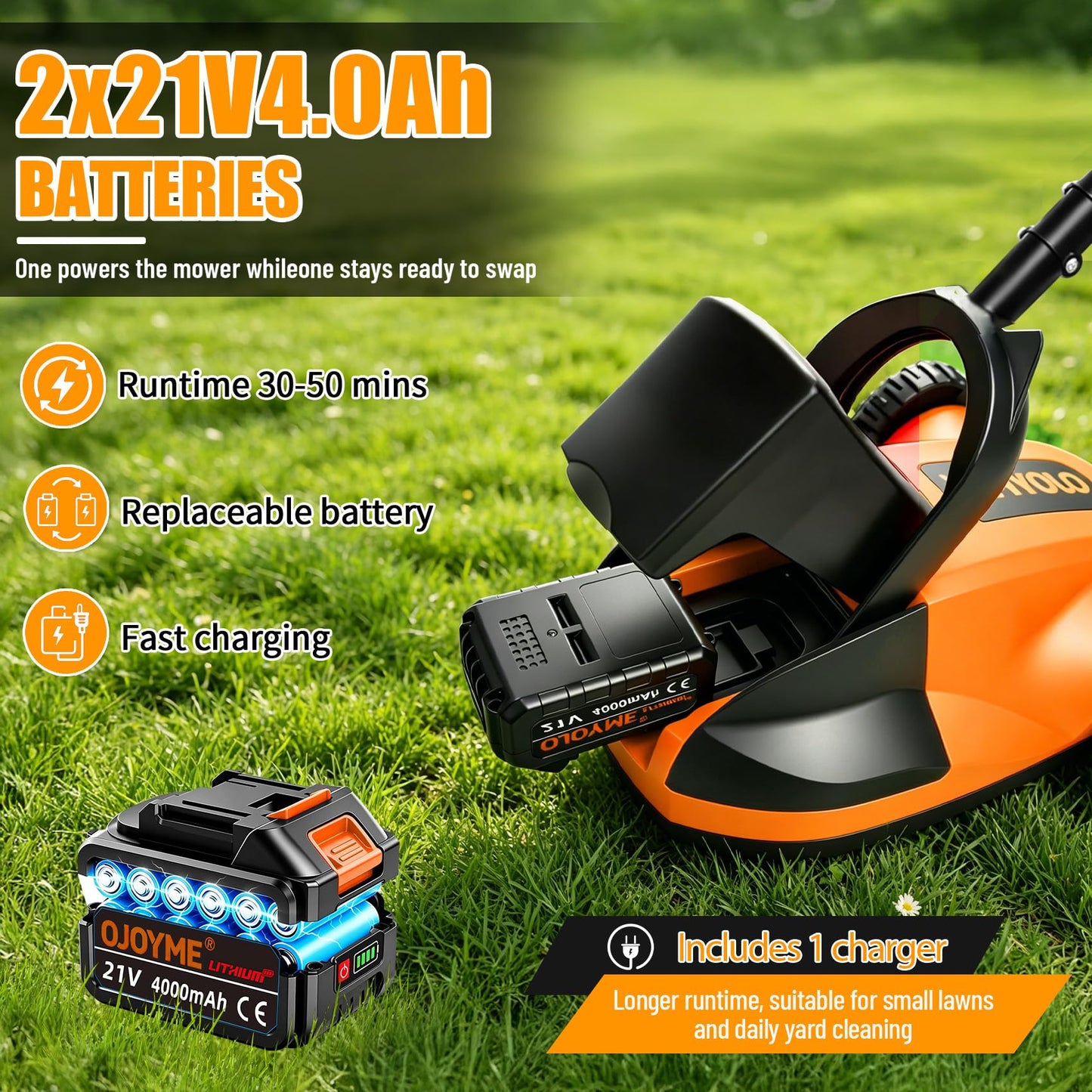 Mini Cordless Lawn Mower, 9 Inch Electric Grass Cutter, Brushless Motor, 2 x 21V 4.0Ah Batteries, 3 Adjustable Cutting Heights, Lightweight Push Mower for Small Yard &amp; Garden (Orange)