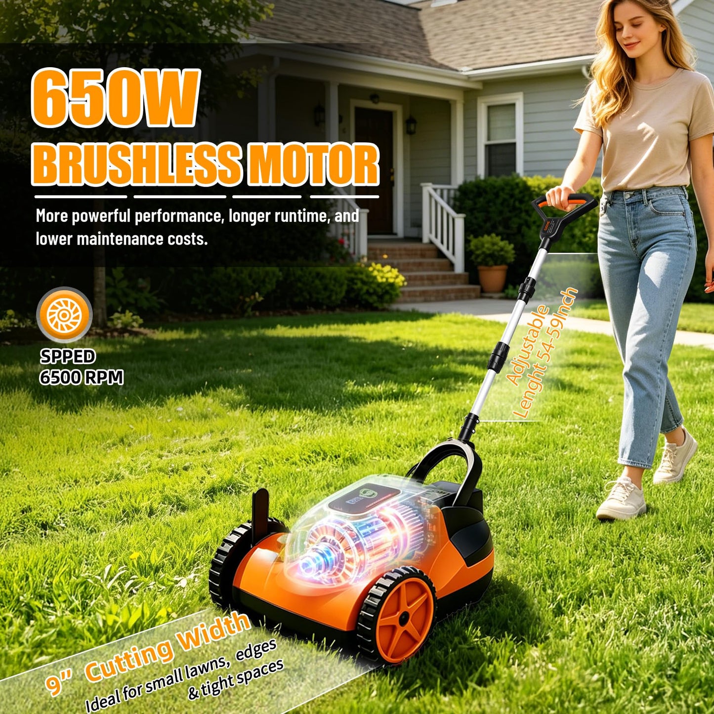 Mini Cordless Lawn Mower, 9 Inch Electric Grass Cutter, Brushless Motor, 2 x 21V 4.0Ah Batteries, 3 Adjustable Cutting Heights, Lightweight Push Mower for Small Yard &amp; Garden (Orange)