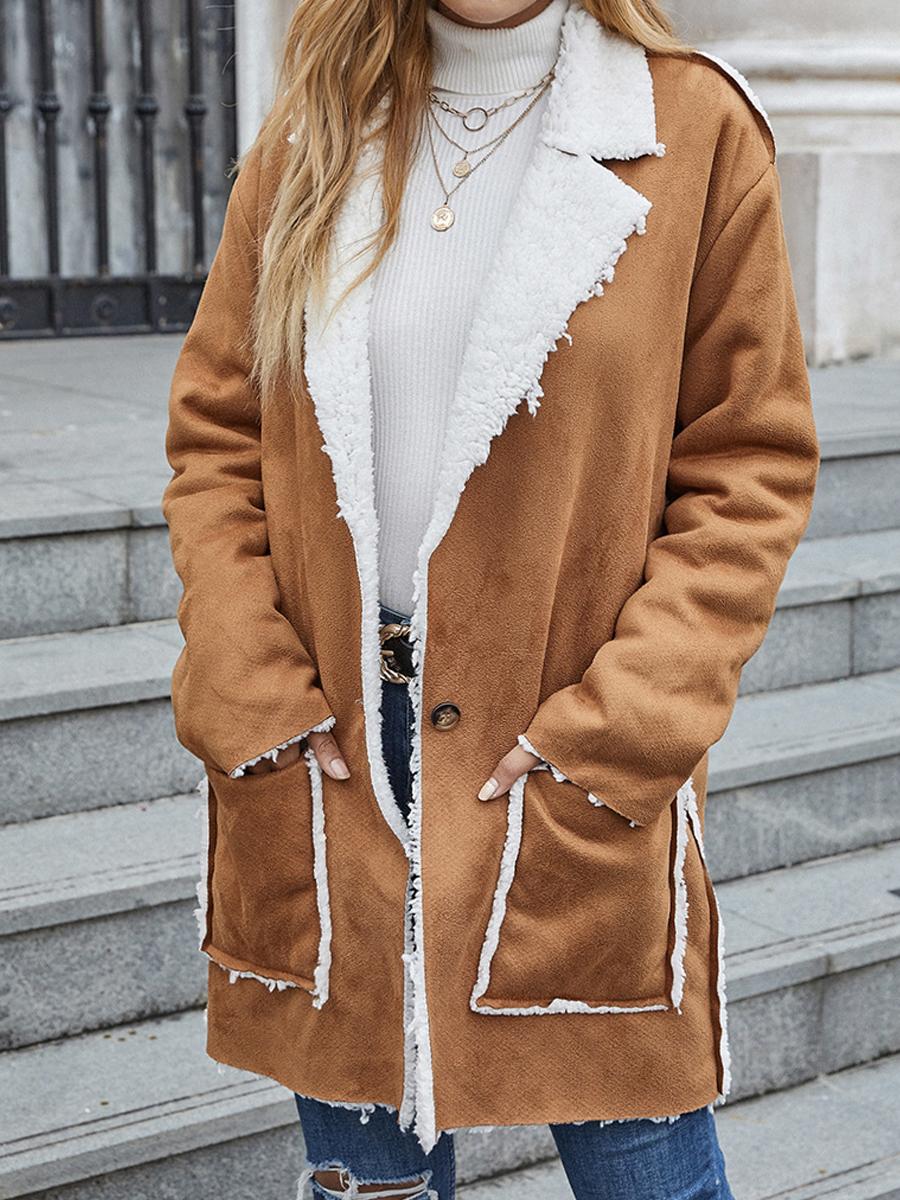 Casual Solid Color Stitching Lapel Pocket Loose Coat