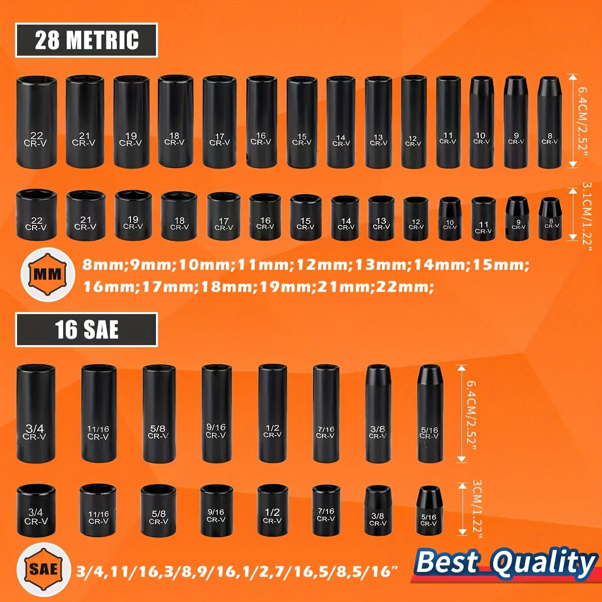 3/8" Socket Set, 6 Point, 50-Piece Standard Metric (8-22mm) And SAE (5/16-Inch To 3/4-Inch) Cr-V Steel Sockets With Adapters & Ratchet Handle