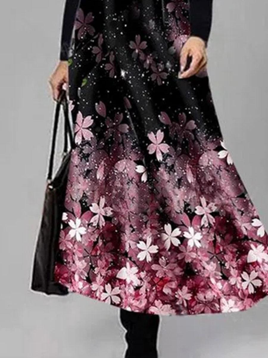Fashion Flower Print Round Neck Long Sleeve Casual Maxi Dress