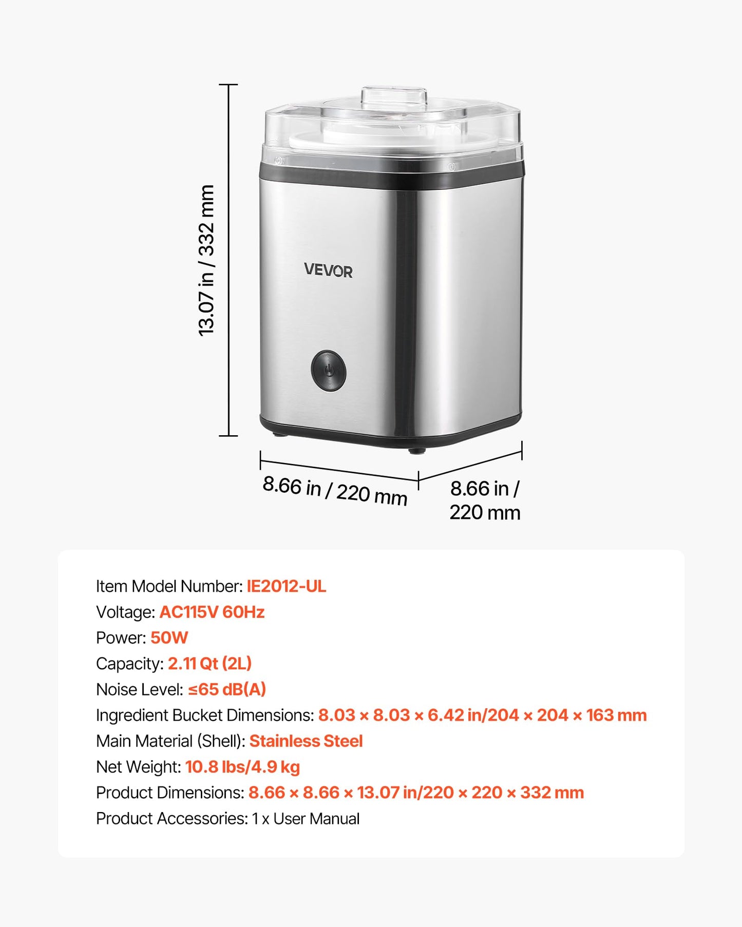 Ice Cream Maker, 2.11 Qt. LarCapacity, Electric Automatic Ice-Cream Machine, with Easy Operation & Cleaning,  Steel Shell, for Homemade Frozen Yogurt, Fruit Sorbet, Gelato, Silver