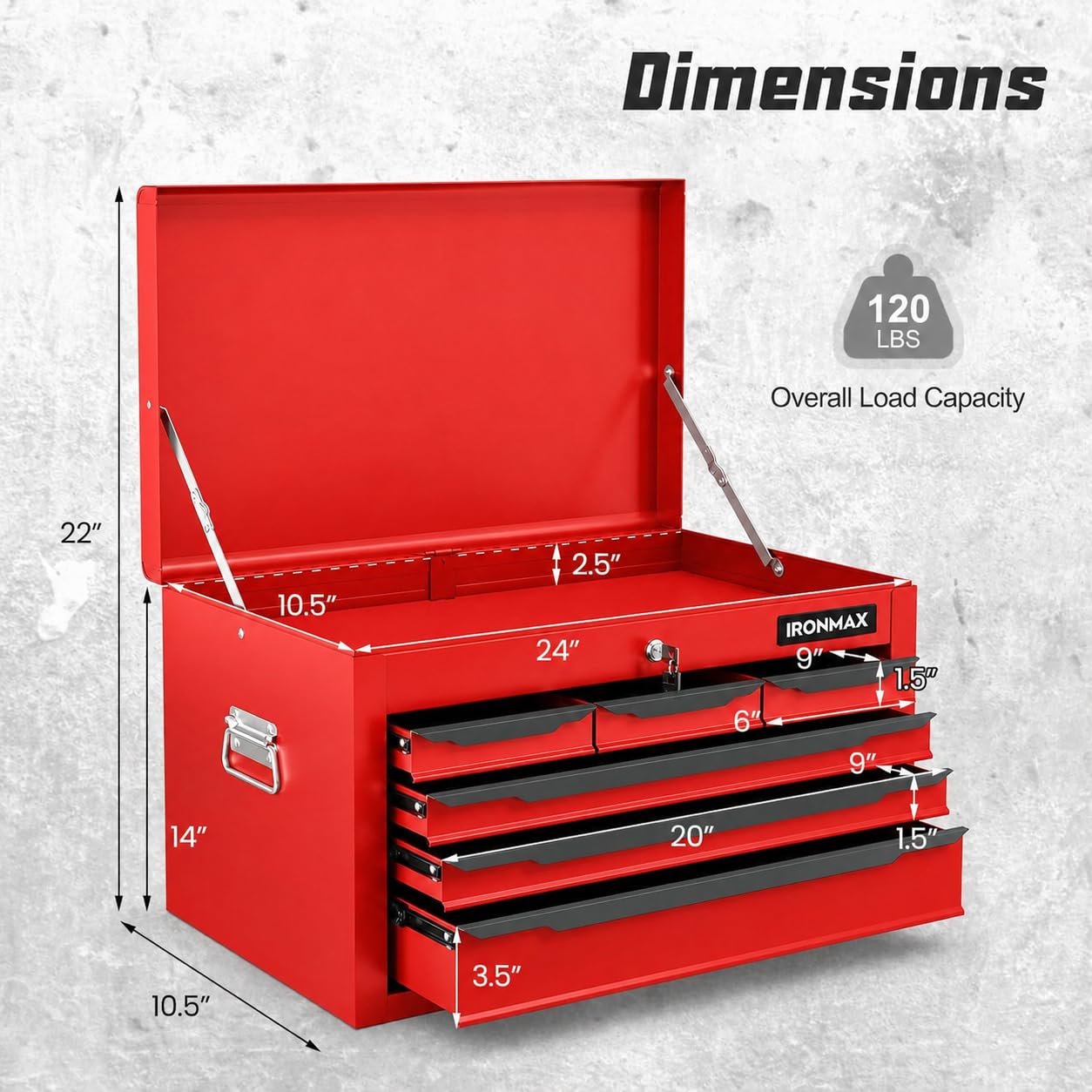 LarMetal Tool Box, Tool Box with 6 Drawers & Top Tray, Heavy-Duty Steel Tool Chest with Auto-LocDrawers and Side Handles for Gara& Workbench, Red