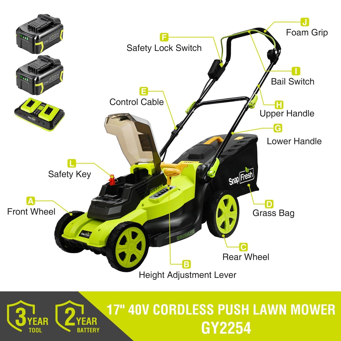 40V 17” Brushless Lawn Mower – 2 x 5.0Ah Batteries Electric Cordless Push Mower with Fast Charger, 6-Level Height Adjustment, 45L Grass Bag, Lightweight Battery Powered Mower
