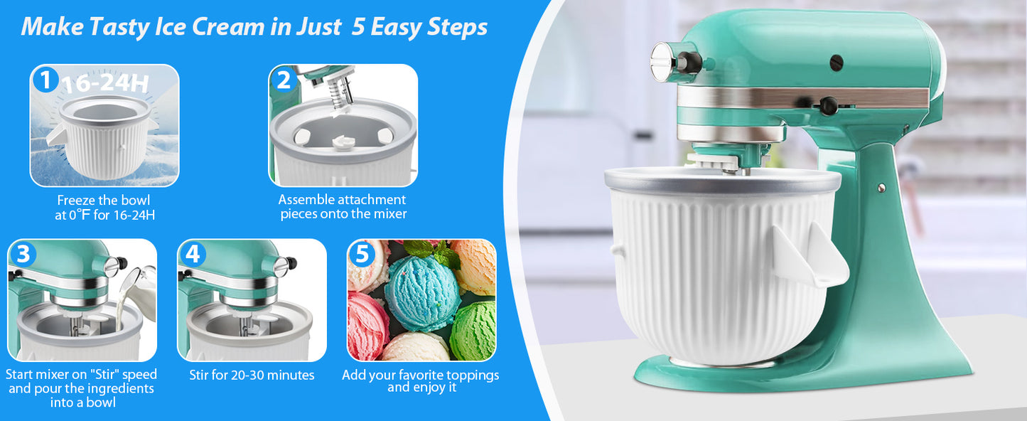 Ice Cream Maker Attachment: For  Stand Mixer, Fits 4.5/5QT/6QT/7QT Models. 2 Quart Capacity, Makes Frozen Yogurt & Gelato