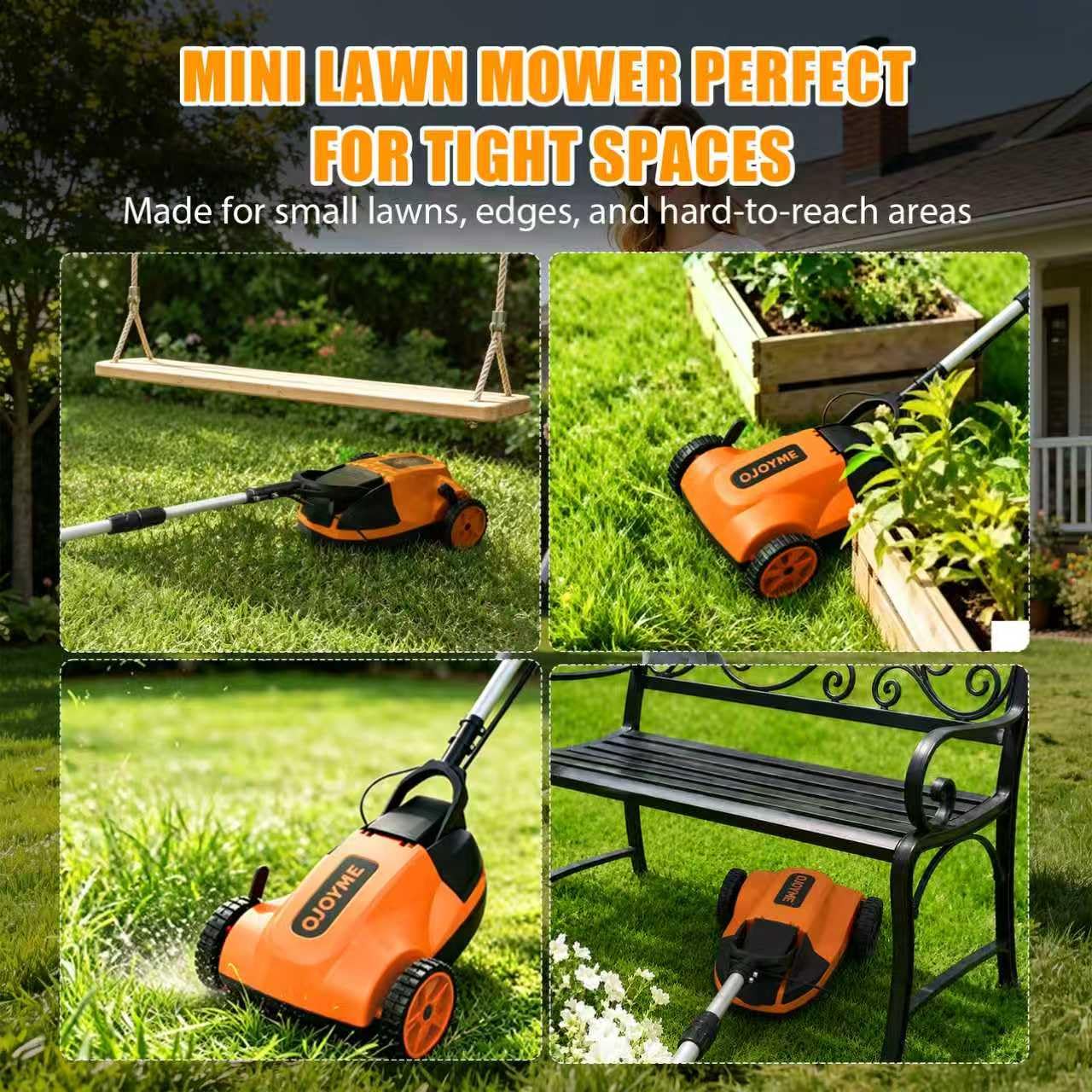 Mini Cordless Lawn Mower, 9 Inch Electric Grass Cutter, Brushless Motor, 2 x 21V 4.0Ah Batteries, 3 Adjustable Cutting Heights, Lightweight Push Mower for Small Yard &amp; Garden (Orange)