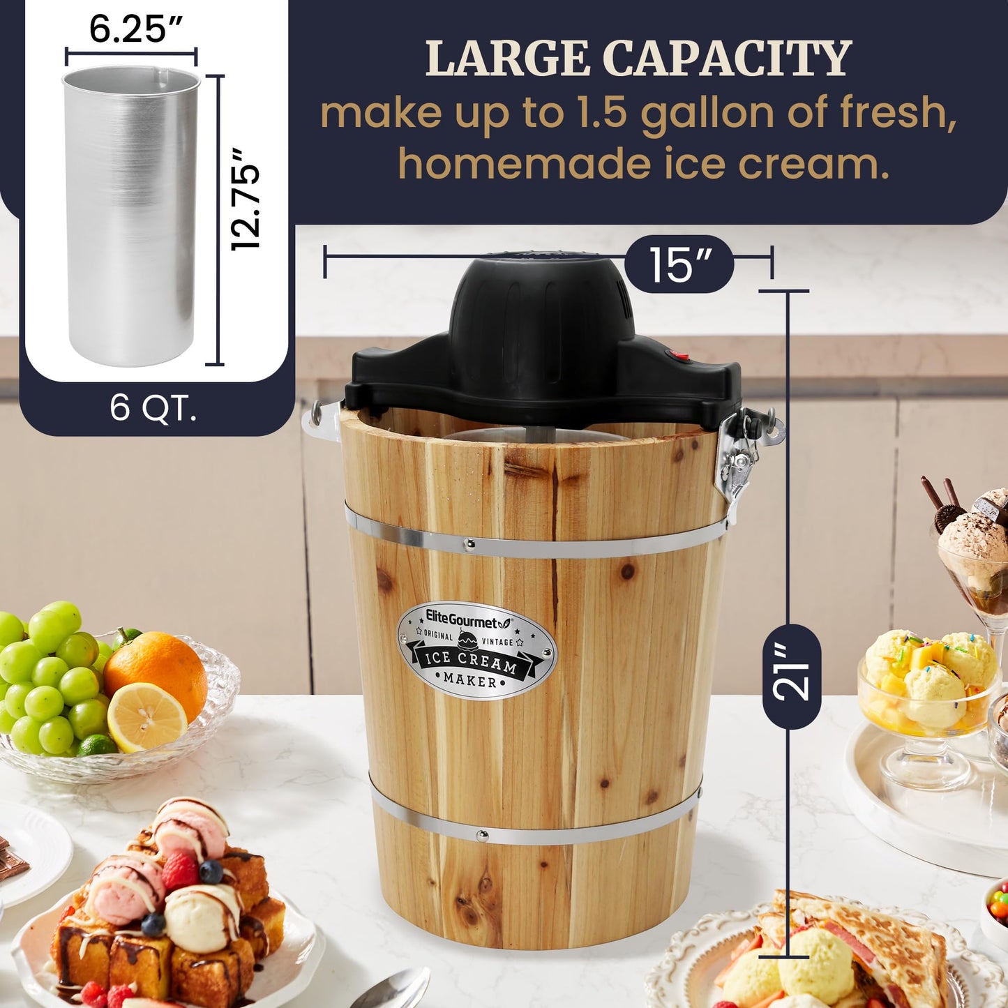 EIM916X Old Fashioned 6 Quart  Bucket Electric Ice Cream Maker Machine Appalachian, Bonus Classic Die-Cast Hand Crank for Churning, Uses Ice and Rock Salt