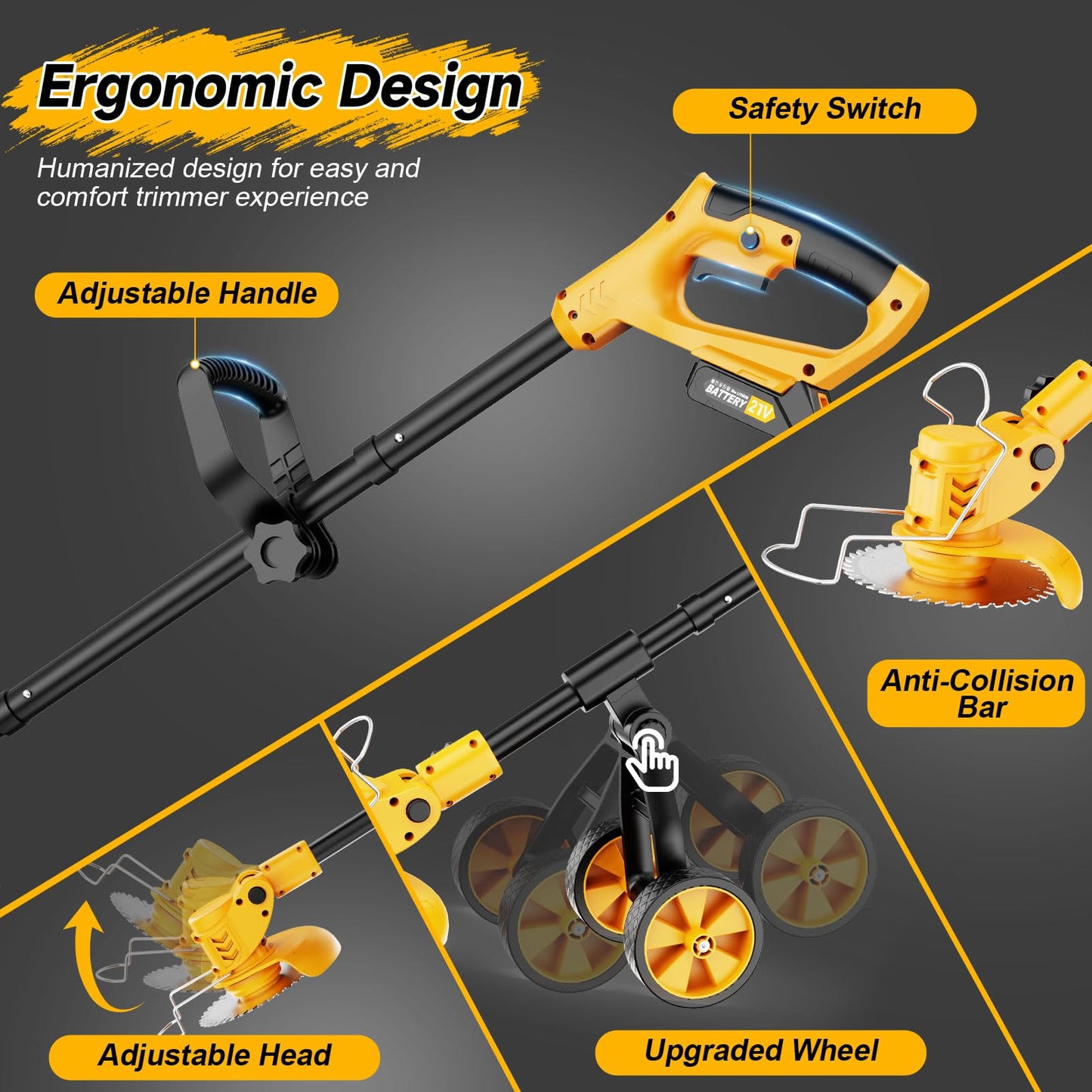 Electric Weed Wacker Cordless with Wheels,Electric Weed Eater Battery Powered,4 in 1 Grass Trimmer/Brush Cutter/Grass Edger/Small Lawn Mower,No String Trimmer with Metal Blade,2 Battery (Yellow)