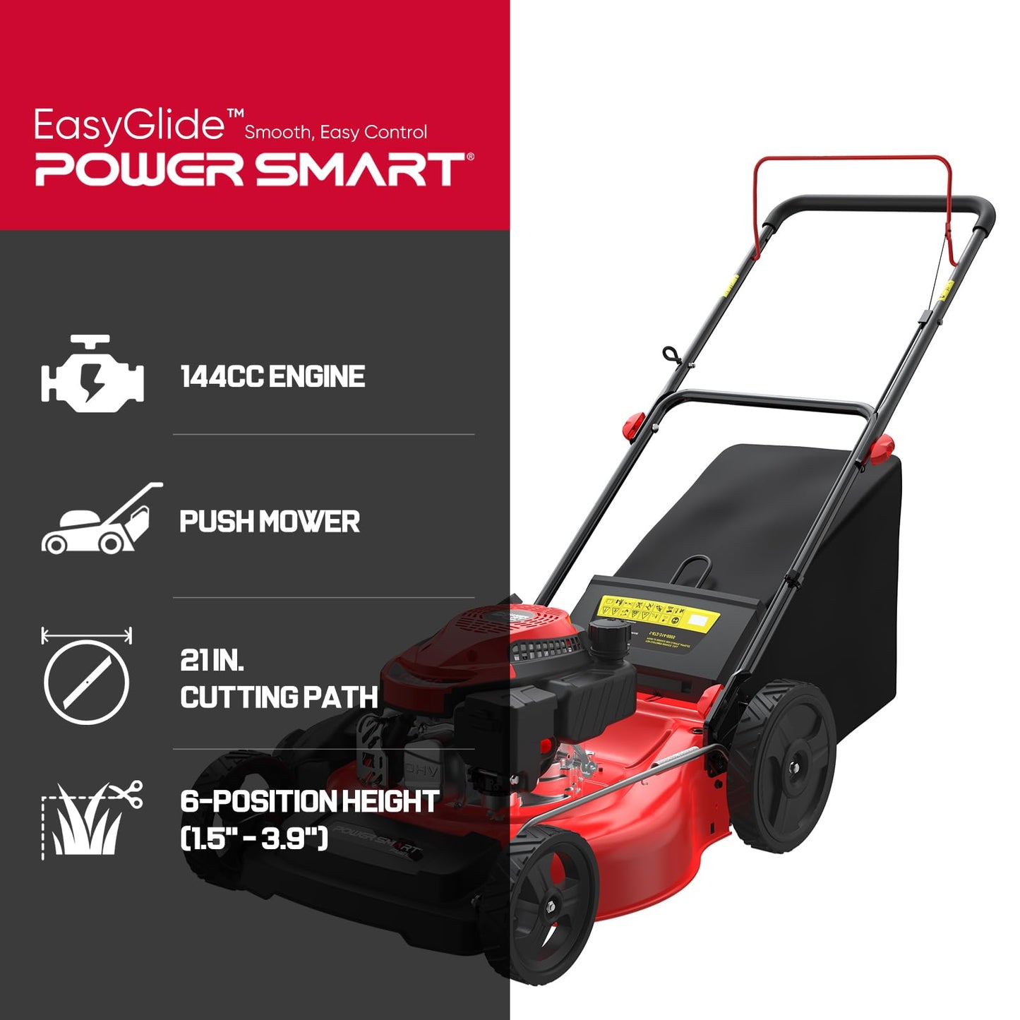 EasyGlide 21-Inch Gas Lawn Mower, 144cc 4-Stroke OHV Engine, Push Walk-Behind, 3-in-1 Mulch/Bag/Side Discharge, Steel Deck, 6 Height Adjustment