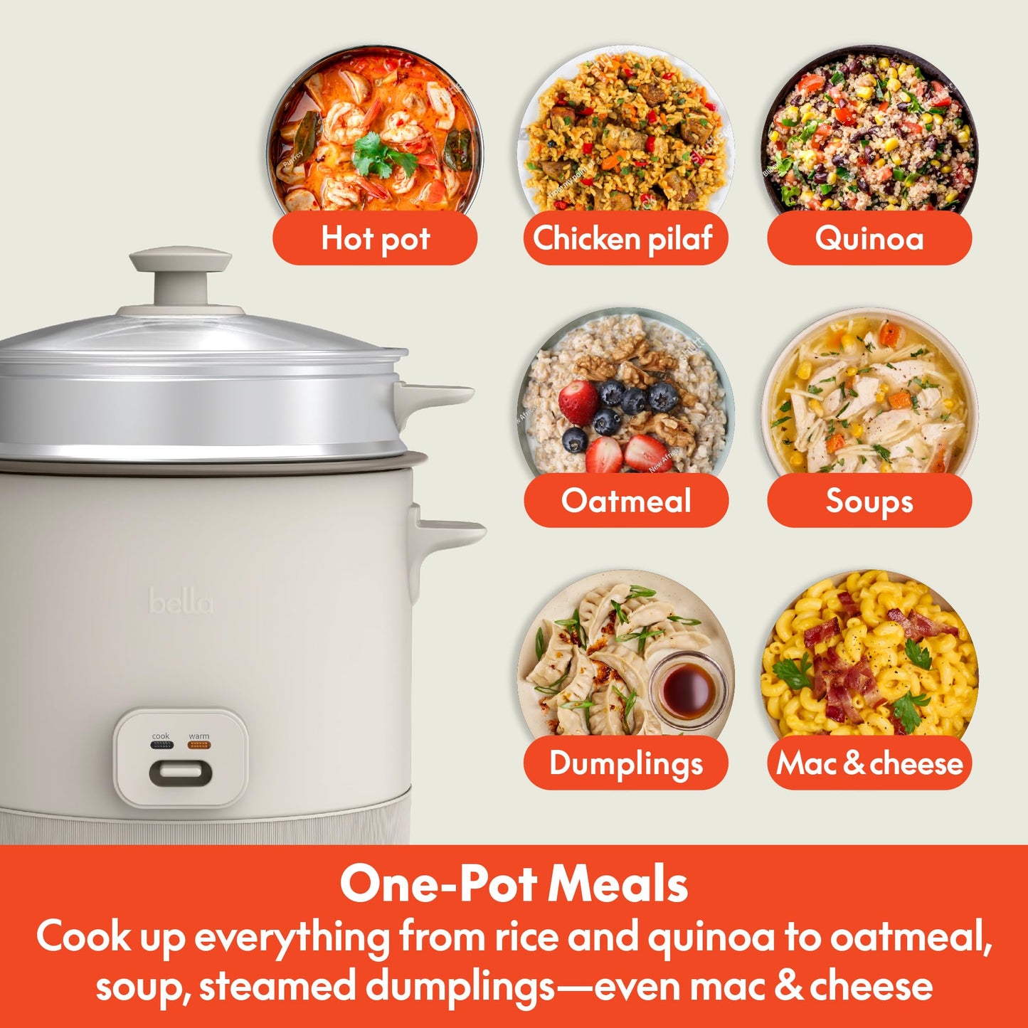 16 Cup Rice Cooker with Steamer, Dishwasher Safe Steaming Basket, Rice Paddle and Measuring Cup, Removable Nonstick CooBowl, Automatic Keep Warm Function, 400 Watt, Oatmilk