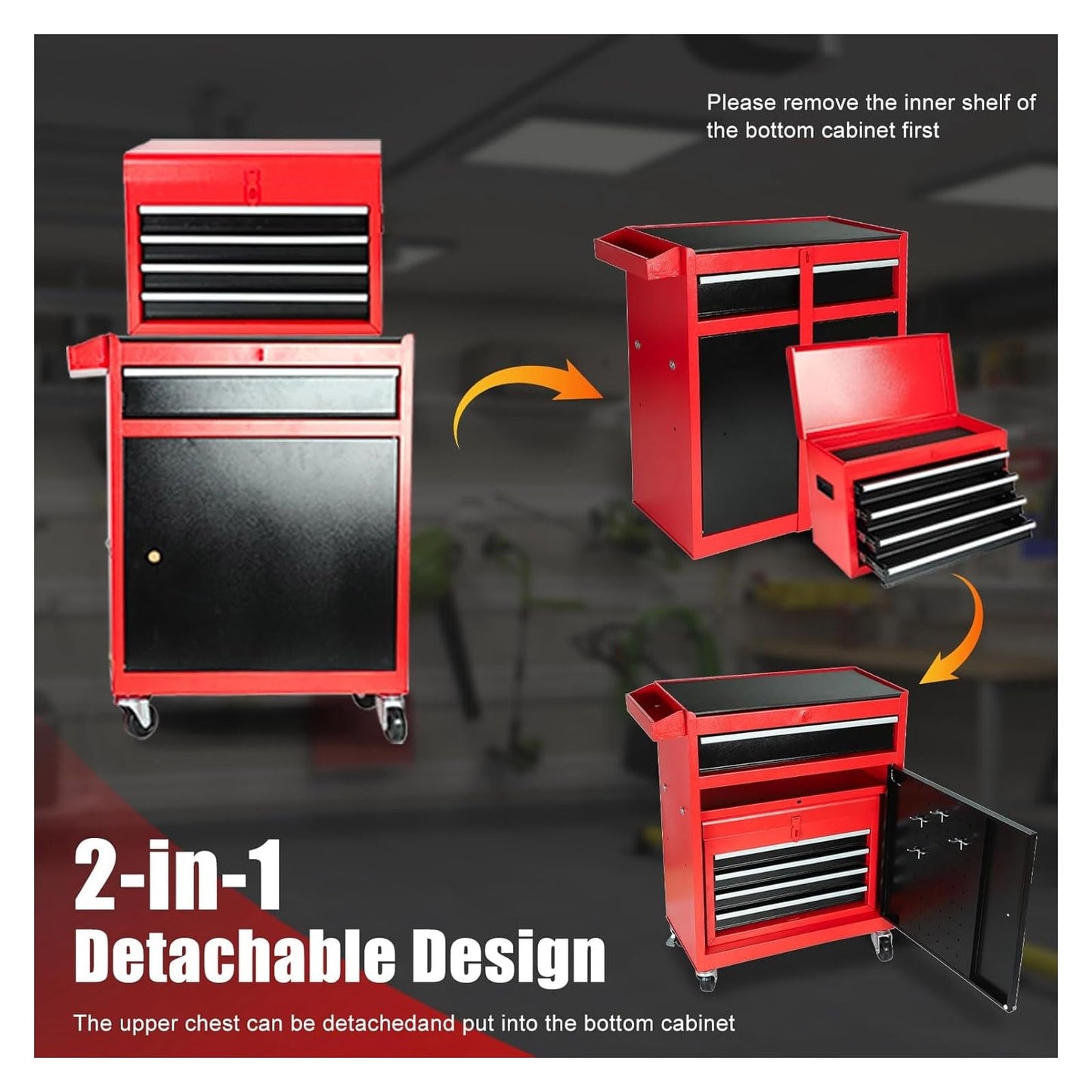 5-Drawer Rolling Tool Chest, 2 in 1 Tool StoraCabinet with Detachable Top, Steel Tool Box with Wheels, Red and Black, Lockable, for GaraWorkshop