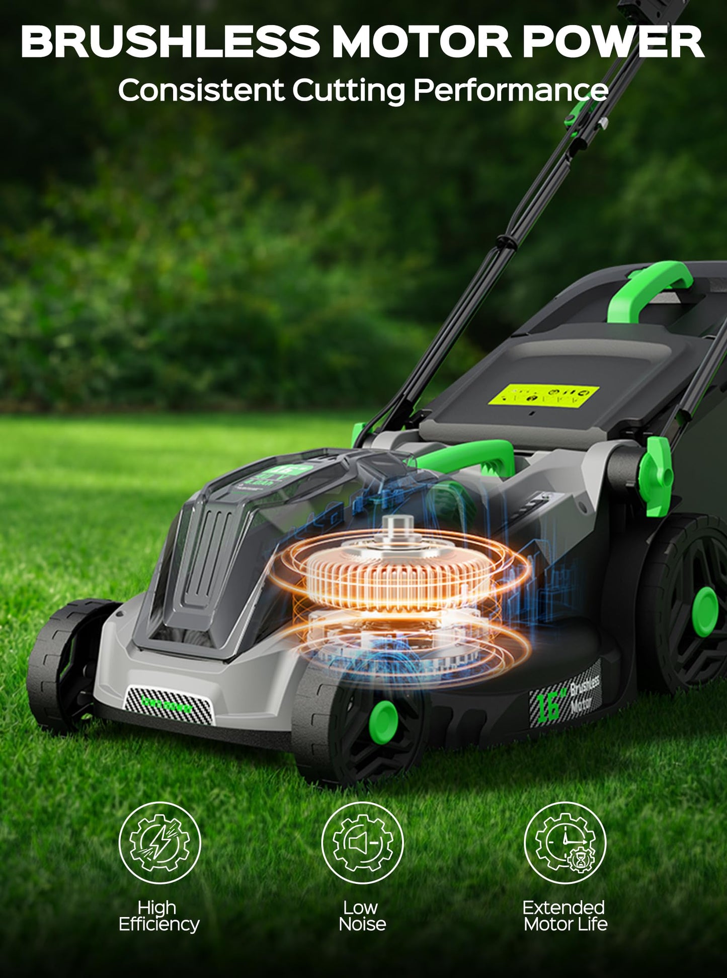 40V 16-Inch Brushless Cordless Lawn Mower with 4.0Ah Battery &amp; Charger, 2-in-1 Electric Push Mower, 5-Position Height Adjustment, Lightweight, Compact Storage, for Small Yards - Green