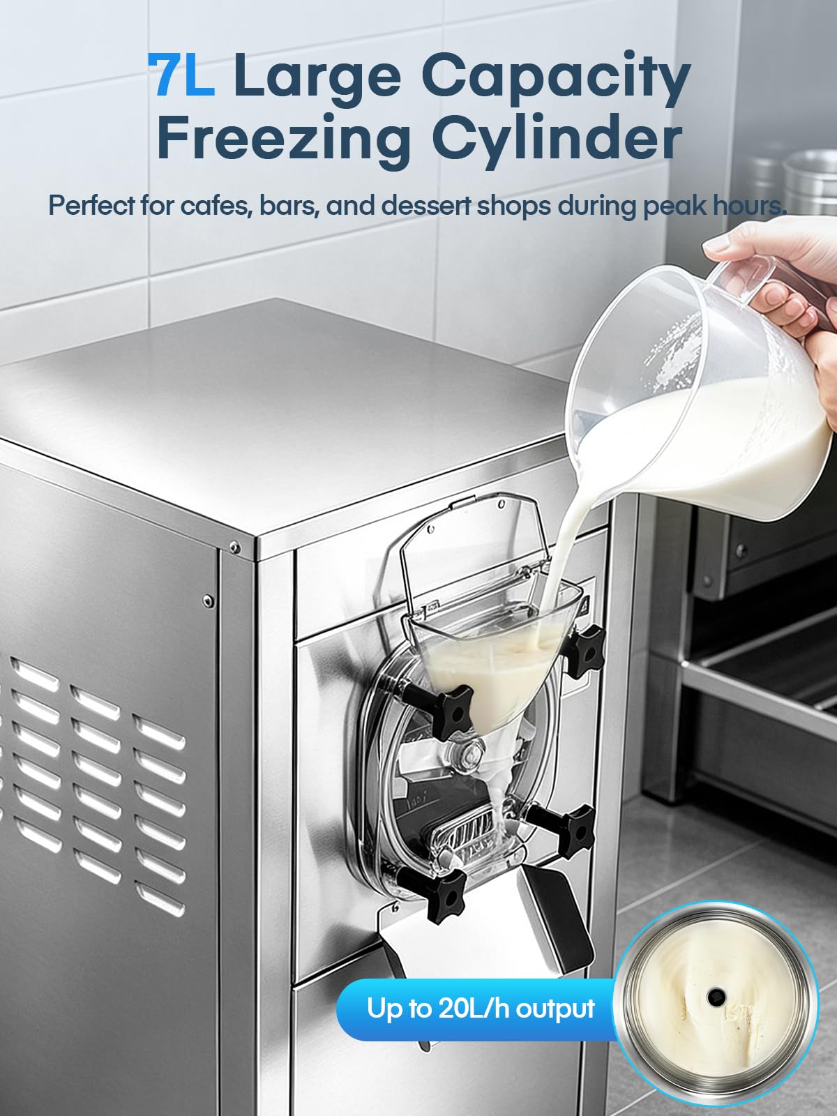 Commercial Ice Cream Machine 2000W, 20-28 L/H Yield Gelato Hard Serve Ice Cream Maker with 7L  Steel Cylinder,LED Panel, Timer, Auto Clean for Restaurants Snack cafes