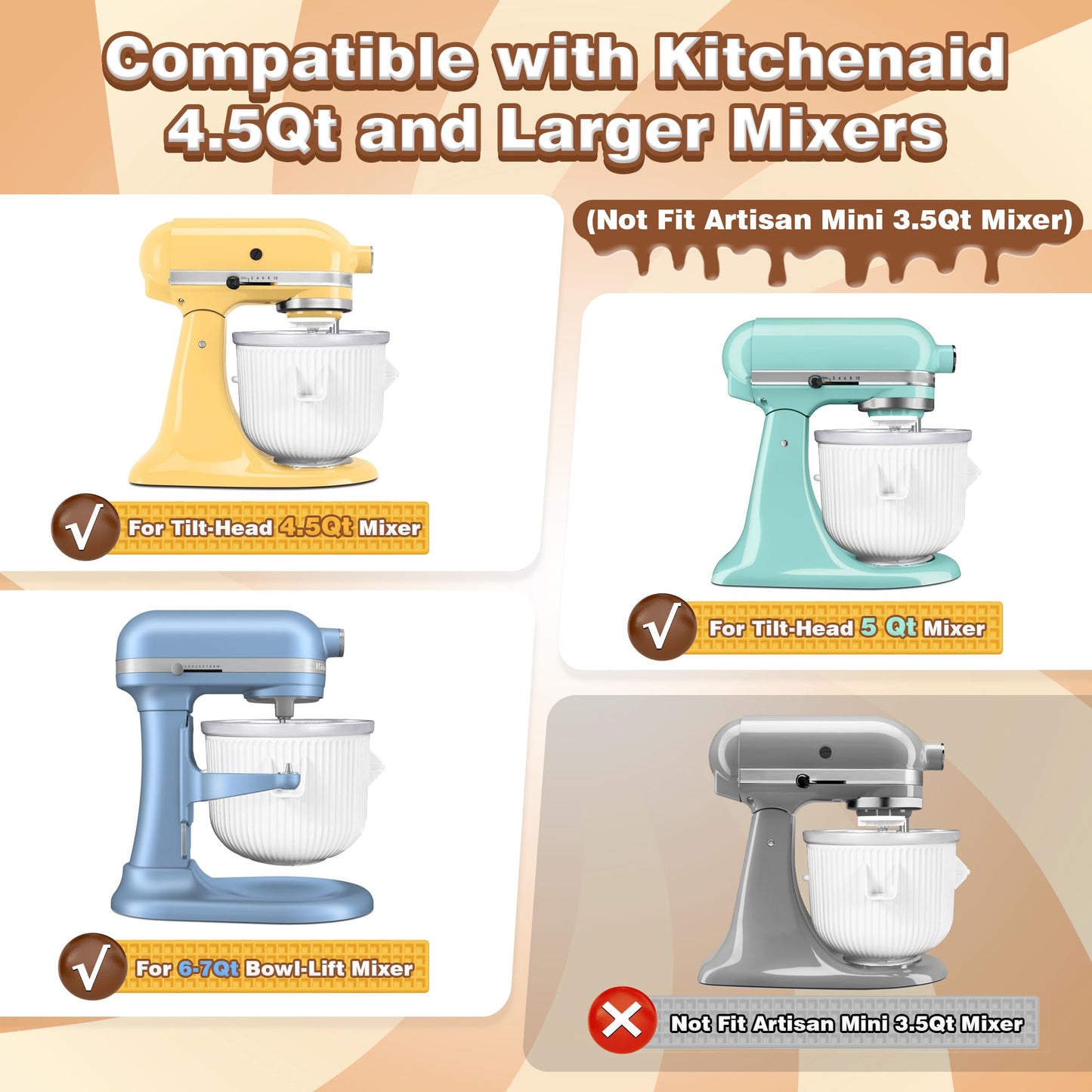 Ice Cream Maker Attachment for  Stand Mixer, Compatible with  4.5-5QT/5.5-6 Quart Stand Mixers Accessories, 2 Quart Frozen Yogurt/Ice Cream/Sorbet Gelato Maker