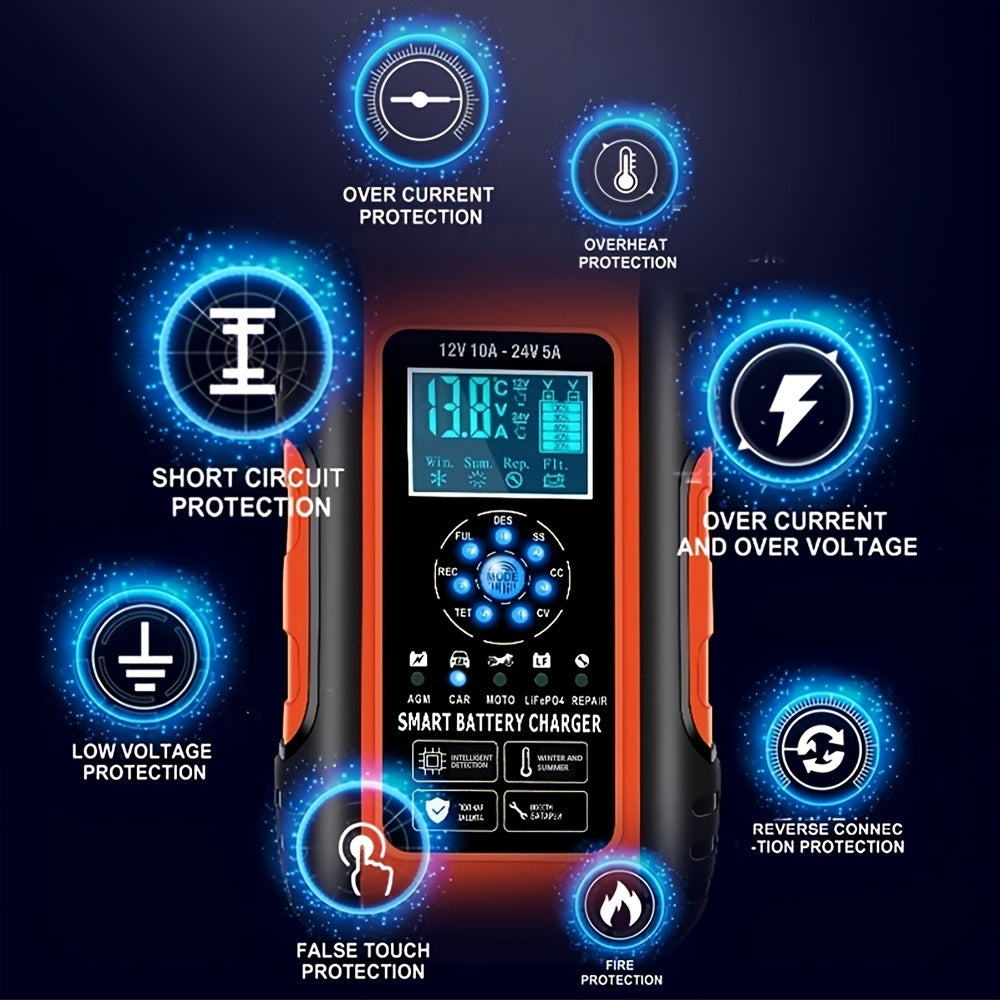 10-Amp Car Battery Charger 12V And 24V Smart Fully Automatic Battery Charger Maintainer Trickle Charger W/ Temperature Compensation For LawnLead Acid