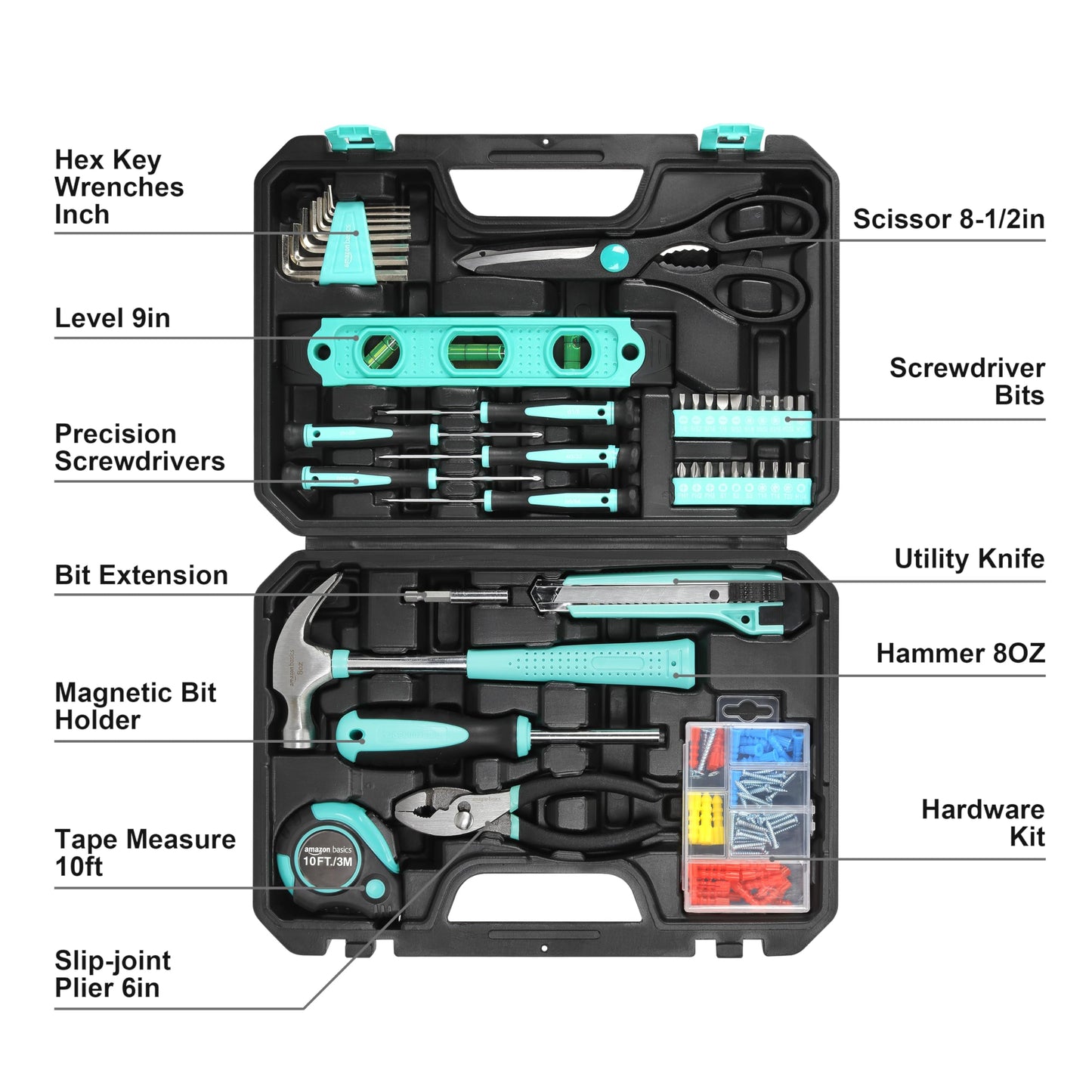 142-Piece Household Tool Kit for Home Repair, Hand Tools with StoraCase, 13.39 x 9.25 x 2.95 inch, Turquoise