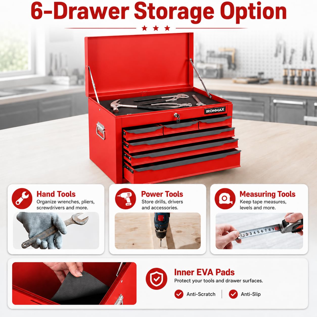 LarMetal Tool Box, Tool Box with 6 Drawers & Top Tray, Heavy-Duty Steel Tool Chest with Auto-LocDrawers and Side Handles for Gara& Workbench, Red