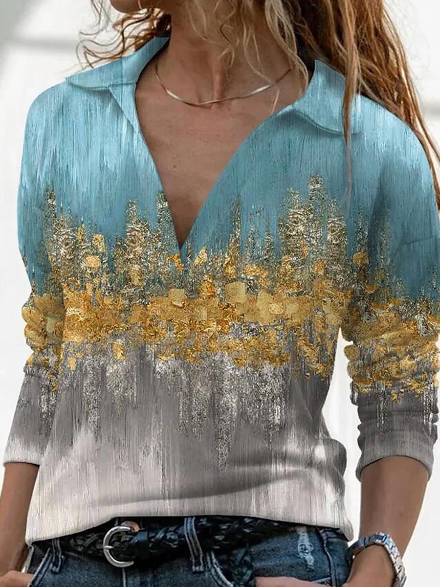 V-neck Bronzing Print Casual Long-sleeved T-shirt