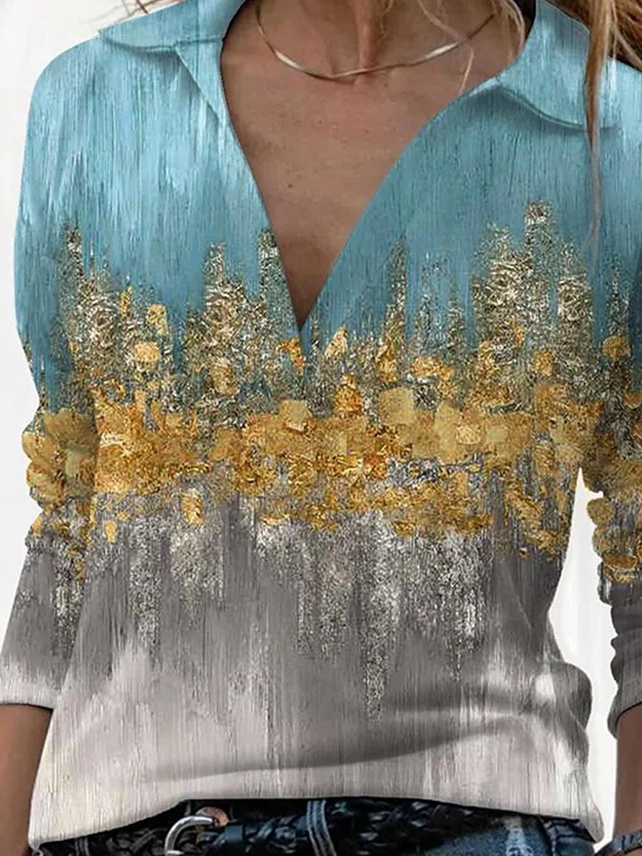 V-neck Bronzing Print Casual Long-sleeved T-shirt