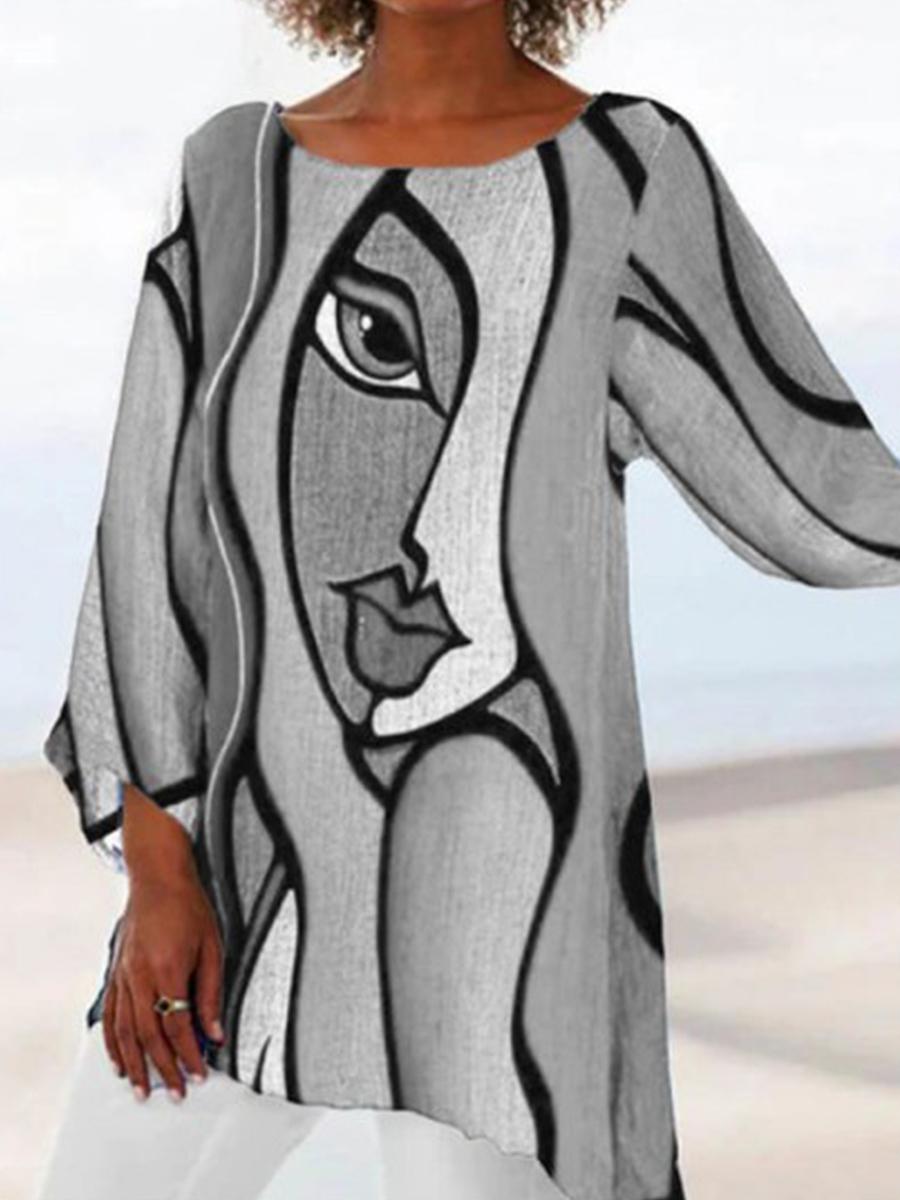 Casual Hem Irregular Abstract Printed T-shirt