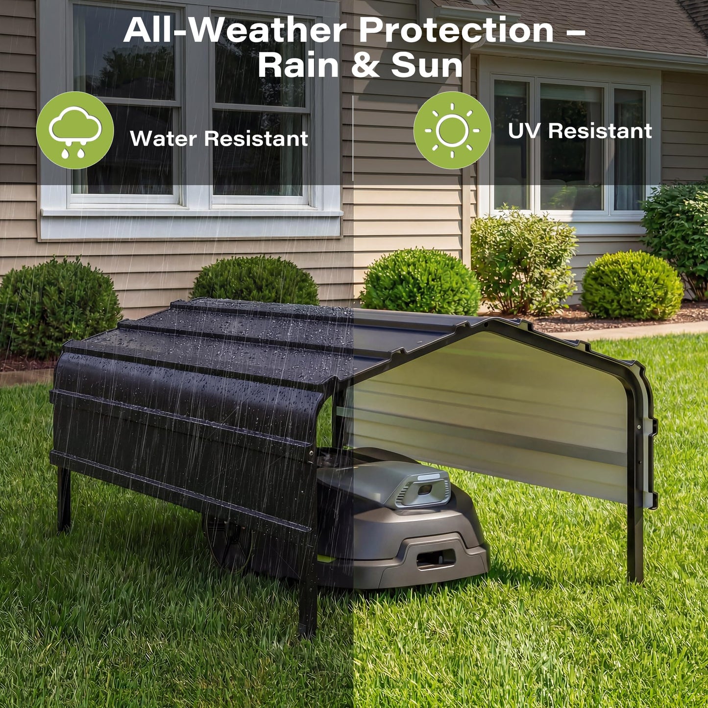 Robot Mower Garage, Outdoor StoraShed with Rust-Resistant Metal Roof, All-Weather Protection for Lawn Mowers, Garden Tool Fits Most Standard Lawn Mowers