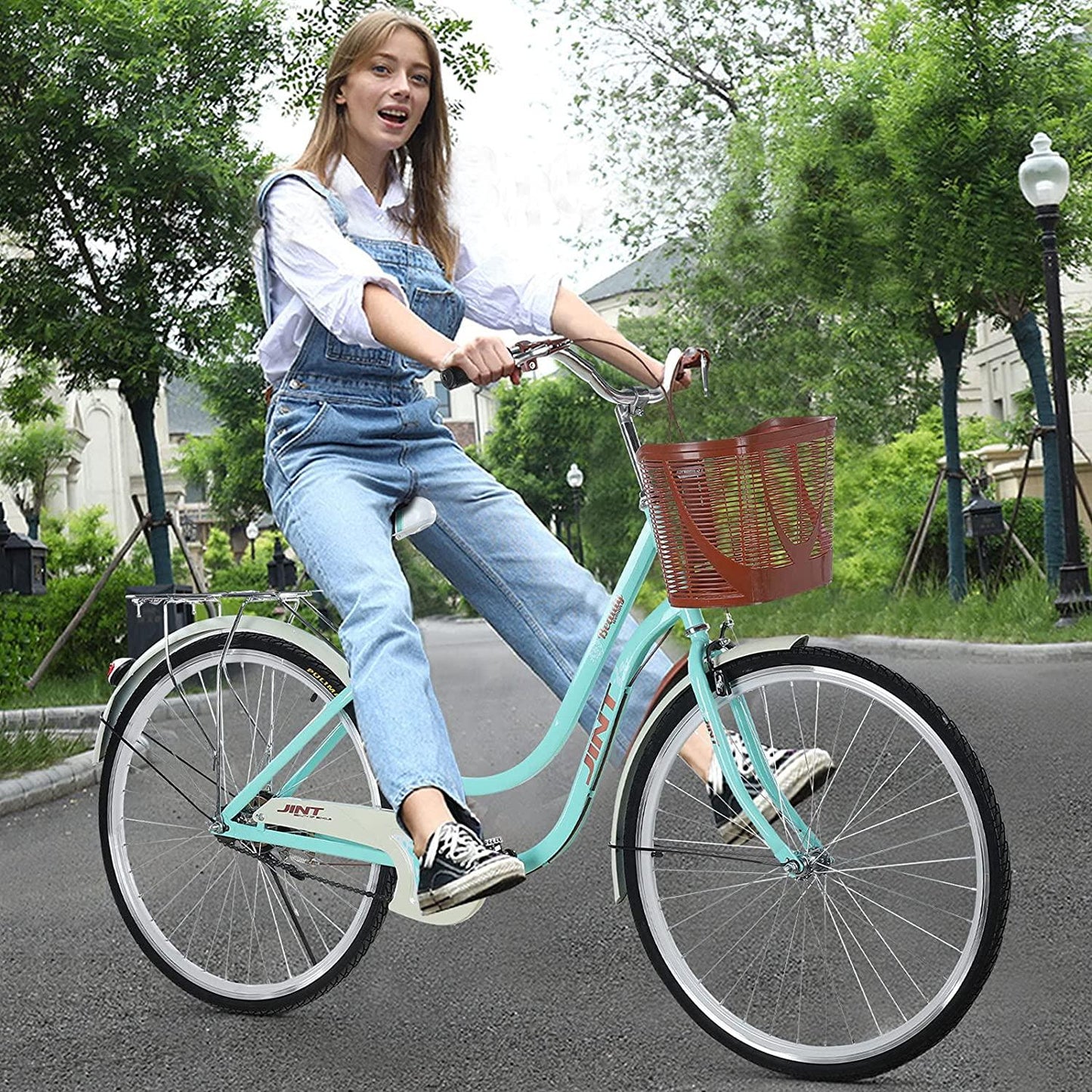 Womens Cruiser Bike 26 Inch Adult Bikes for Women Classic Retro Bicycles with Baskets&amp;Rear Racks,Complete Beach Cruiser Bikes for Leisure Picnics&amp;Shopping