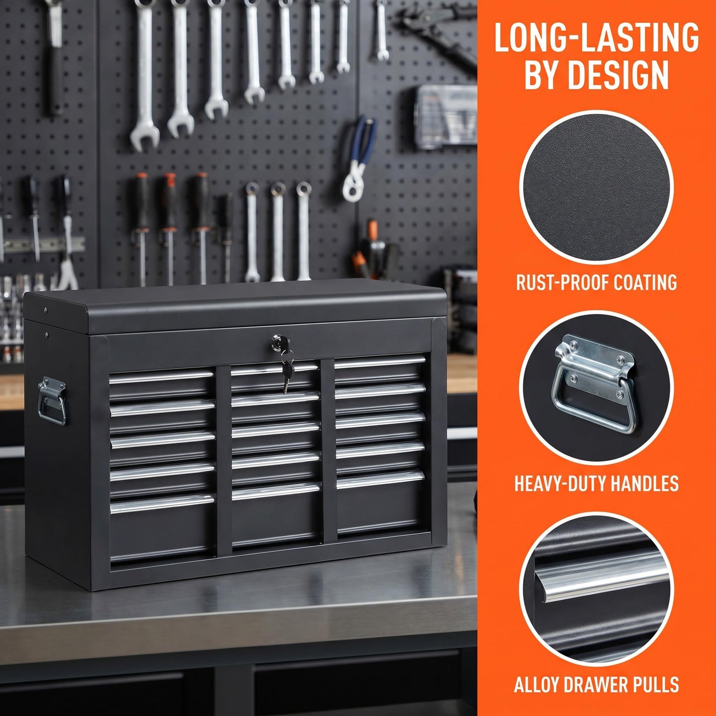 24" Portable Metal Tool Box, 5 Drawers Lockable Toolbox, Black | Top StoraTray, Carry Handle, Ball Bearing Runners, Tool Chest Cabinet for Garage, Warehouse, Repair Shop & Home