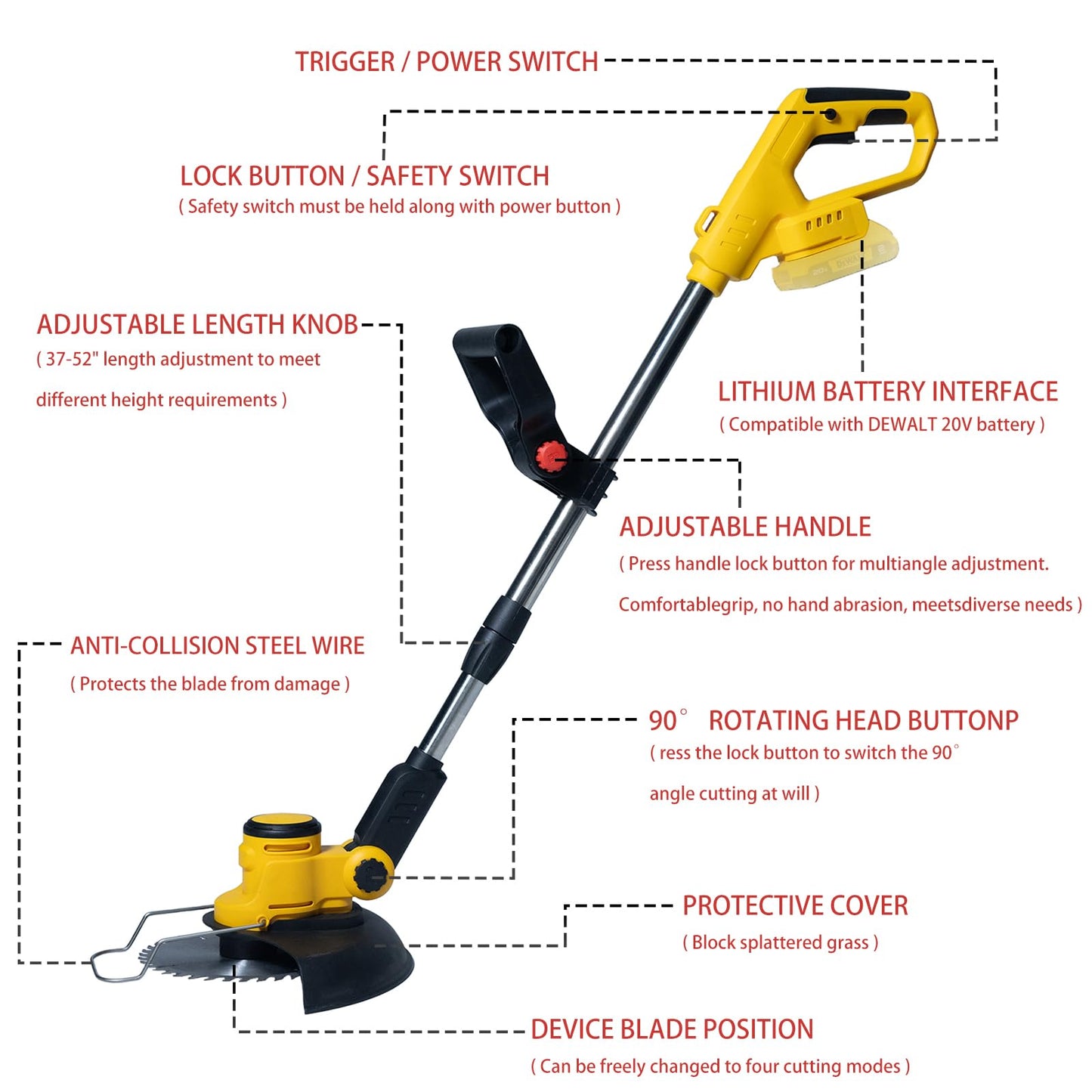 Electric Weed Wacker Cordless for Dewalt 20V Battery, 4-in-1 Battery-Powered Mower, Lightweight Cordless Weeder for Lawn, Yard and Brush Mowing (Battery Free, Yellow)