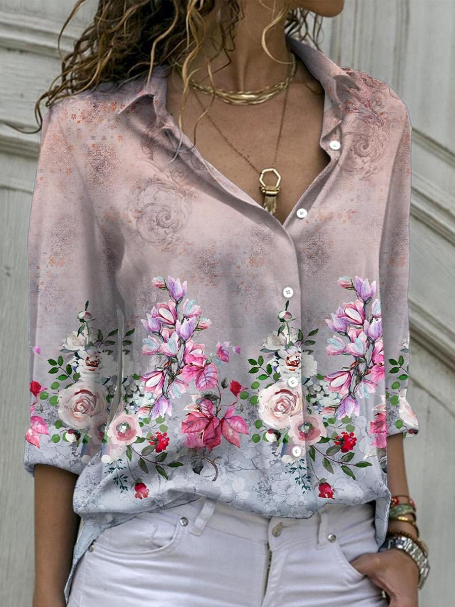 Casual Floral Print Gradient Long Sleeve Shirt
