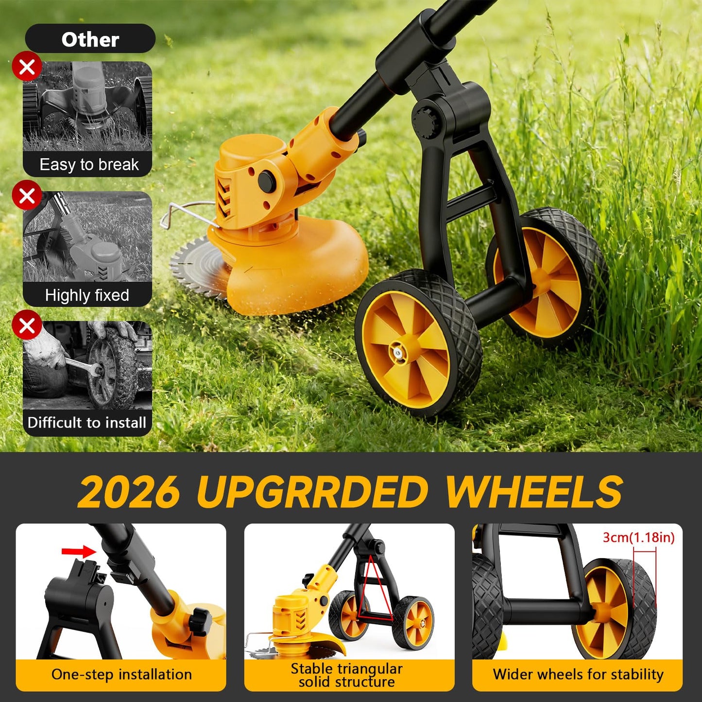 Electric Weed Wacker Cordless with Wheels,Electric Weed Eater Battery Powered,4 in 1 Grass Trimmer/Brush Cutter/Grass Edger/Small Lawn Mower,No String Trimmer with Metal Blade,2 Battery (Yellow)