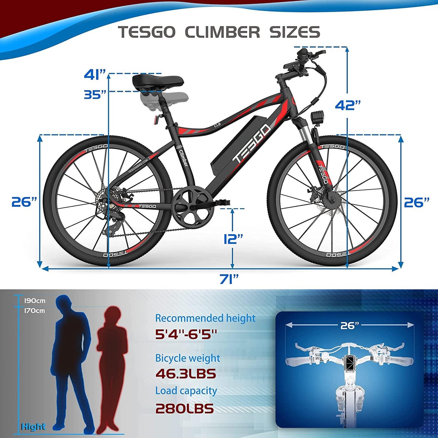 TESGO Electric Bikes for Adults Climber - 26’’ Electric Bicycle with Removable 48V/10.4Ah LG Cells Battery, 350W Electric Mountain Bike with  7 Speed Gears, Max 21MPH Ebike with Fork Suspension