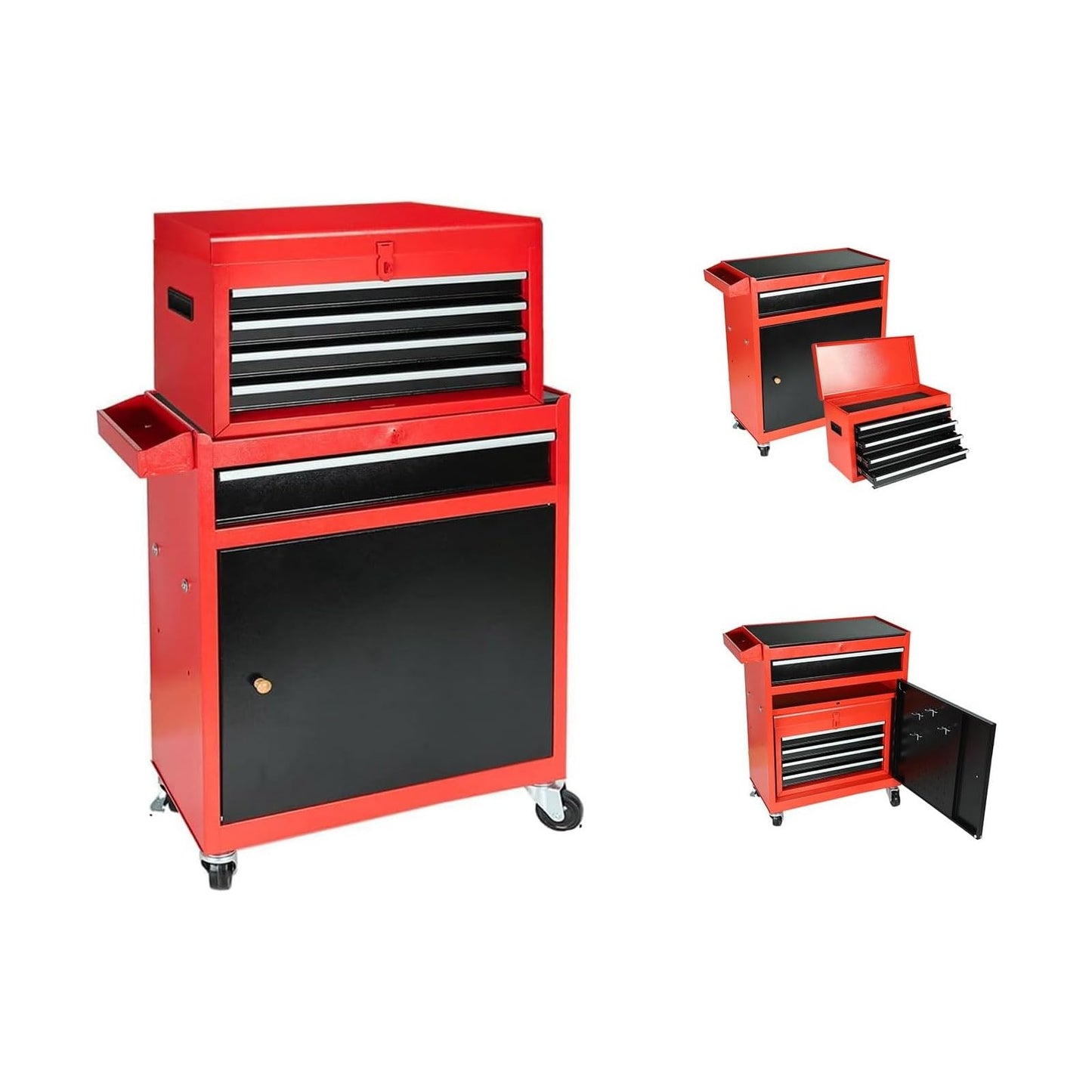 5-Drawer Rolling Tool Chest, 2 in 1 Tool StoraCabinet with Detachable Top, Steel Tool Box with Wheels, Red and Black, Lockable, for GaraWorkshop