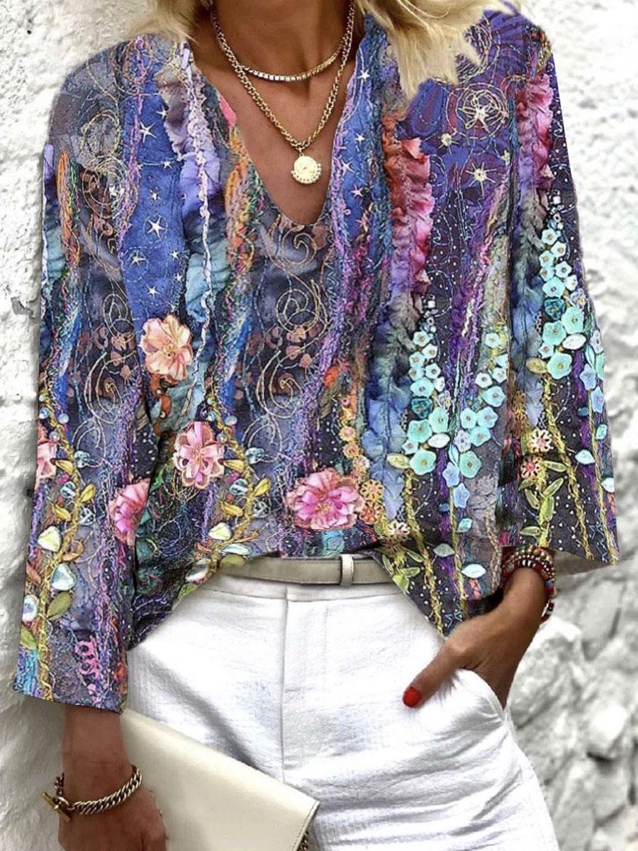 V-neck Floral Print Casual Loose Long Sleeve Blouse