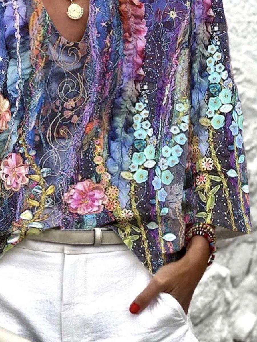 V-neck Floral Print Casual Loose Long Sleeve Blouse
