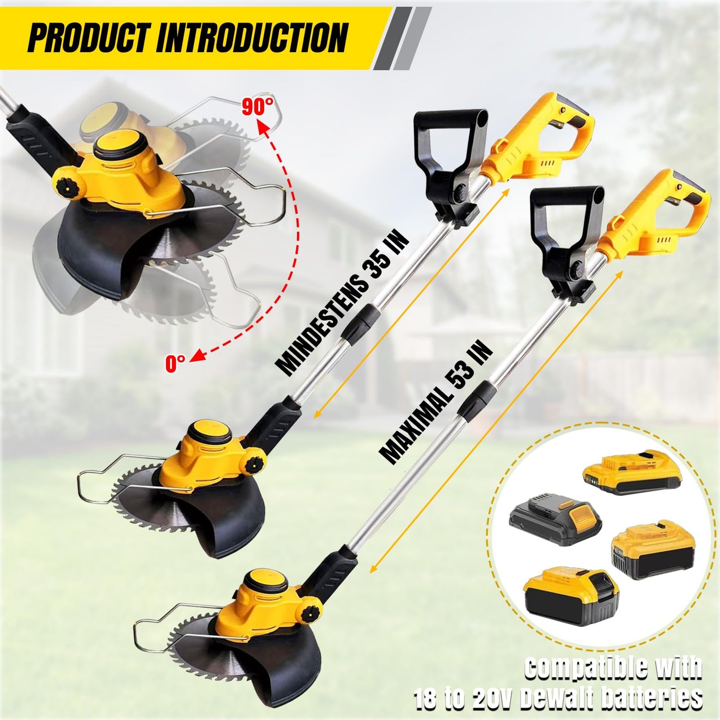 Electric Weed Wacker Cordless for Dewalt 20V Battery, 4-in-1 Battery-Powered Mower, Lightweight Cordless Weeder for Lawn, Yard and Brush Mowing (Battery Free, Yellow)